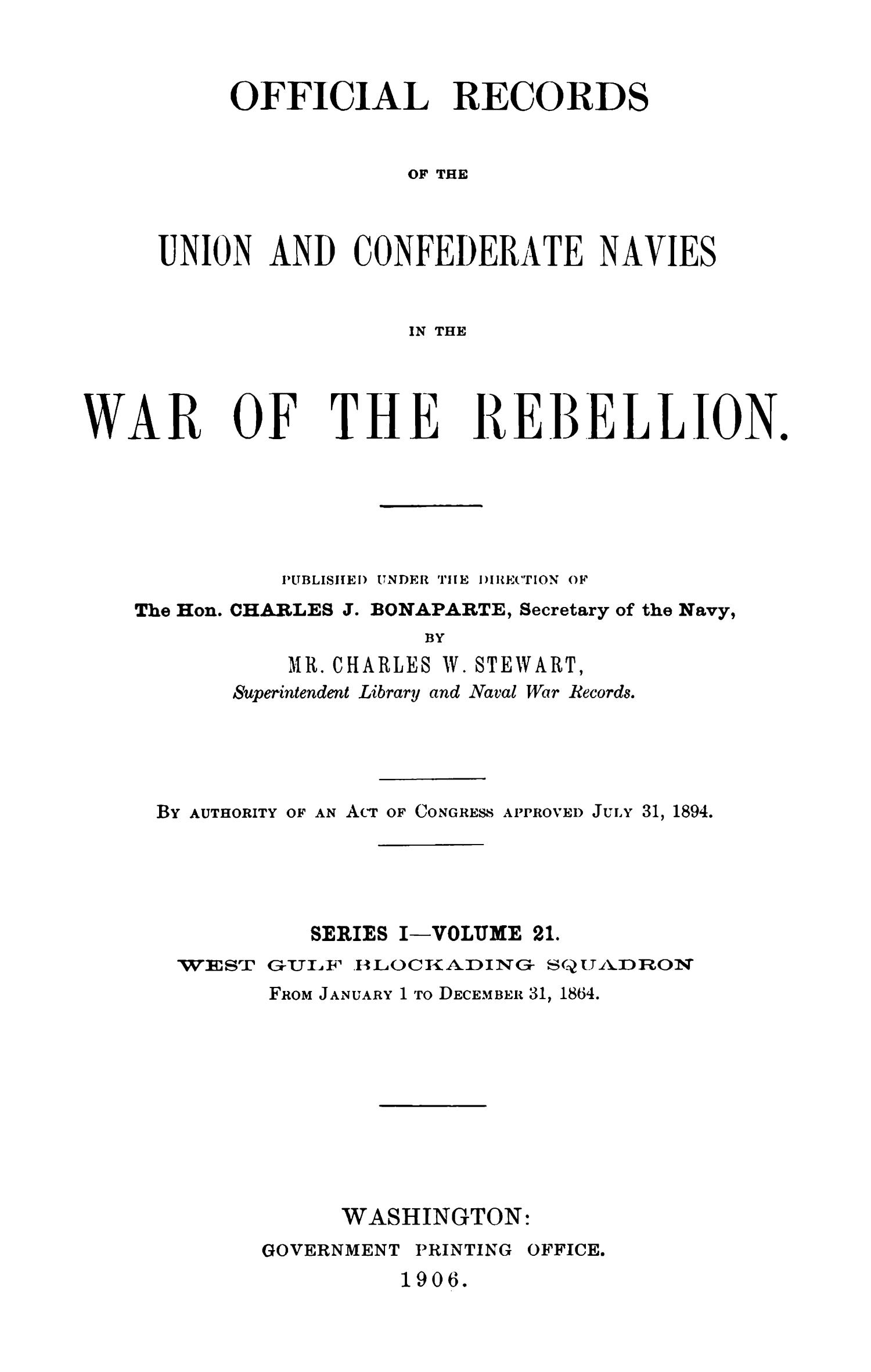 Official Records of the Union and Confederate Navies in the War of the Rebellion. Series 1, Volume 21.
                                                
                                                    Title Page
                                                