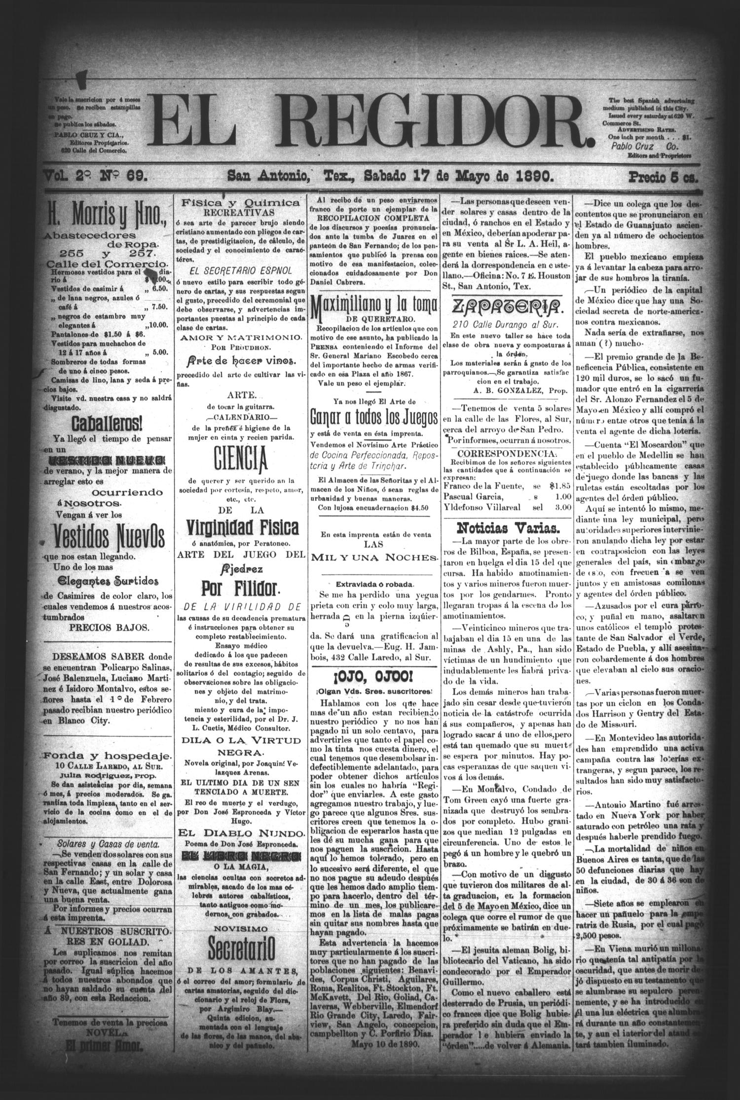 El Regidor. (San Antonio, Tex.), Vol. 2, No. 69, Ed. 1 Saturday, May 17, 1890
                                                
                                                    [Sequence #]: 1 of 4
                                                