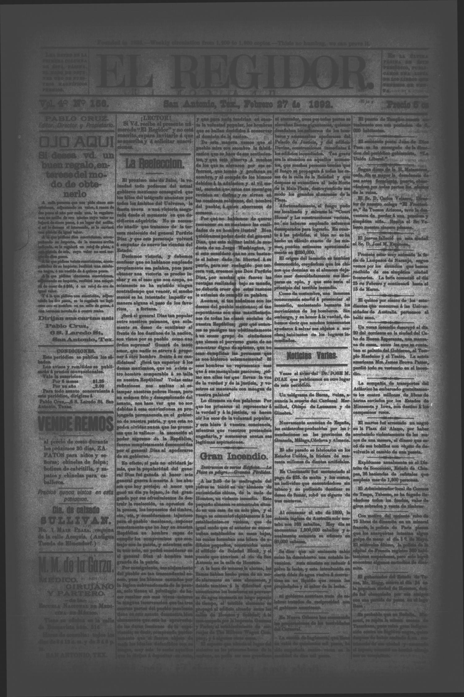 El Regidor. (San Antonio, Tex.), Vol. 4, No. 156, Ed. 1 Saturday, February 27, 1892
                                                
                                                    [Sequence #]: 1 of 4
                                                