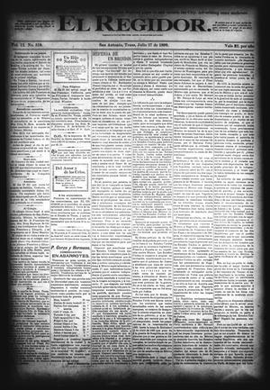 Primary view of object titled 'El Regidor. (San Antonio, Tex.), Vol. 12, No. 518, Ed. 1 Thursday, July 27, 1899'.