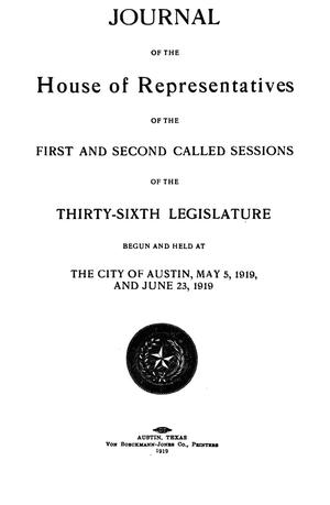 Primary view of object titled 'Journal of the House of Representatives of the First and Second Called Sessions of the Thirty-Sixth Legislature of the State of Texas'.