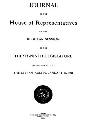 Primary view of object titled 'Journal of the House of Representatives of the Regular Session of the Thirty-Ninth Legislature of the State of Texas'.