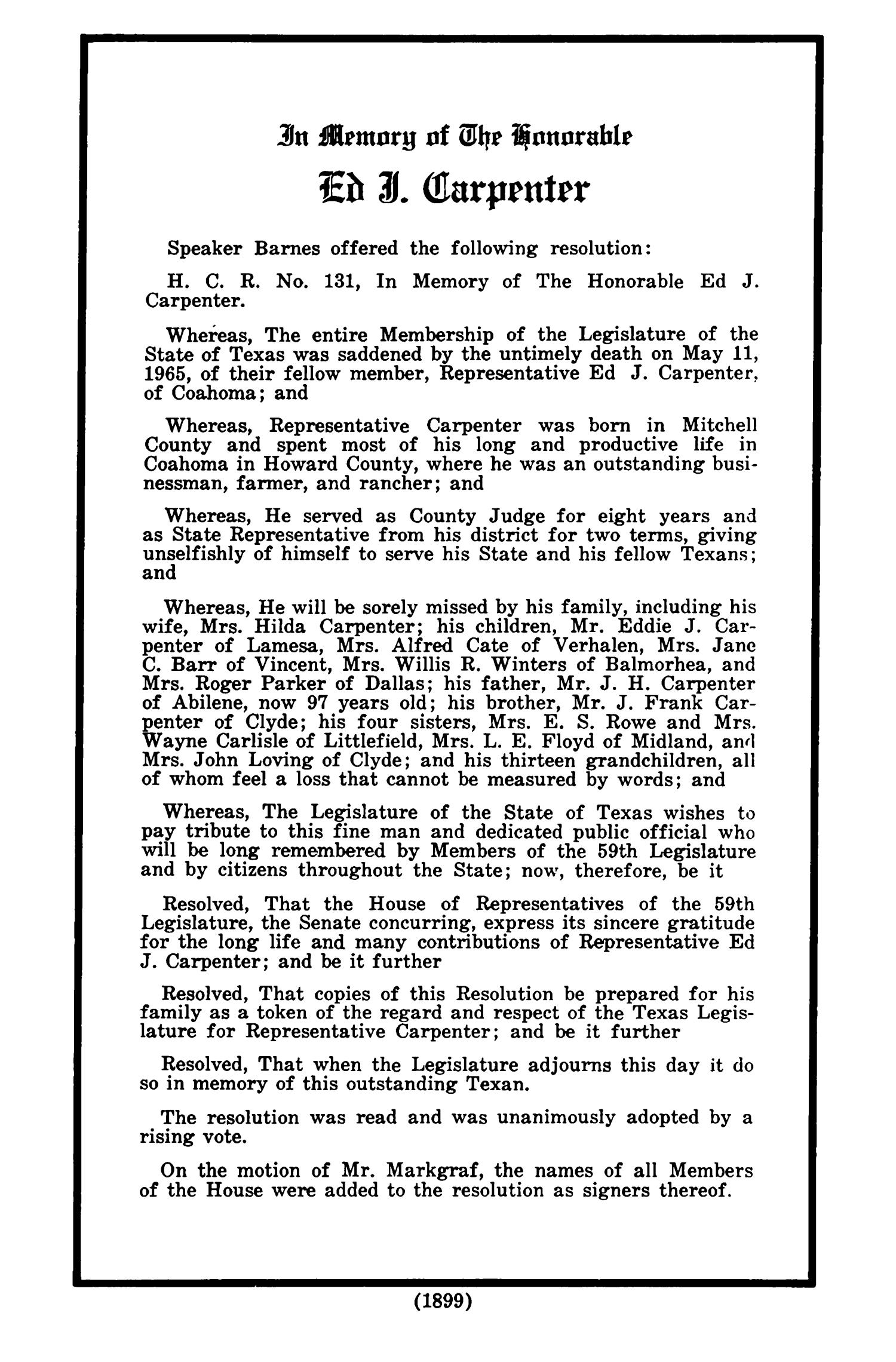 Journal of the House of Representatives Regular Session, Volume 2, and First Called Session of the Fifty-Ninth Legislature
                                                
                                                    1899
                                                