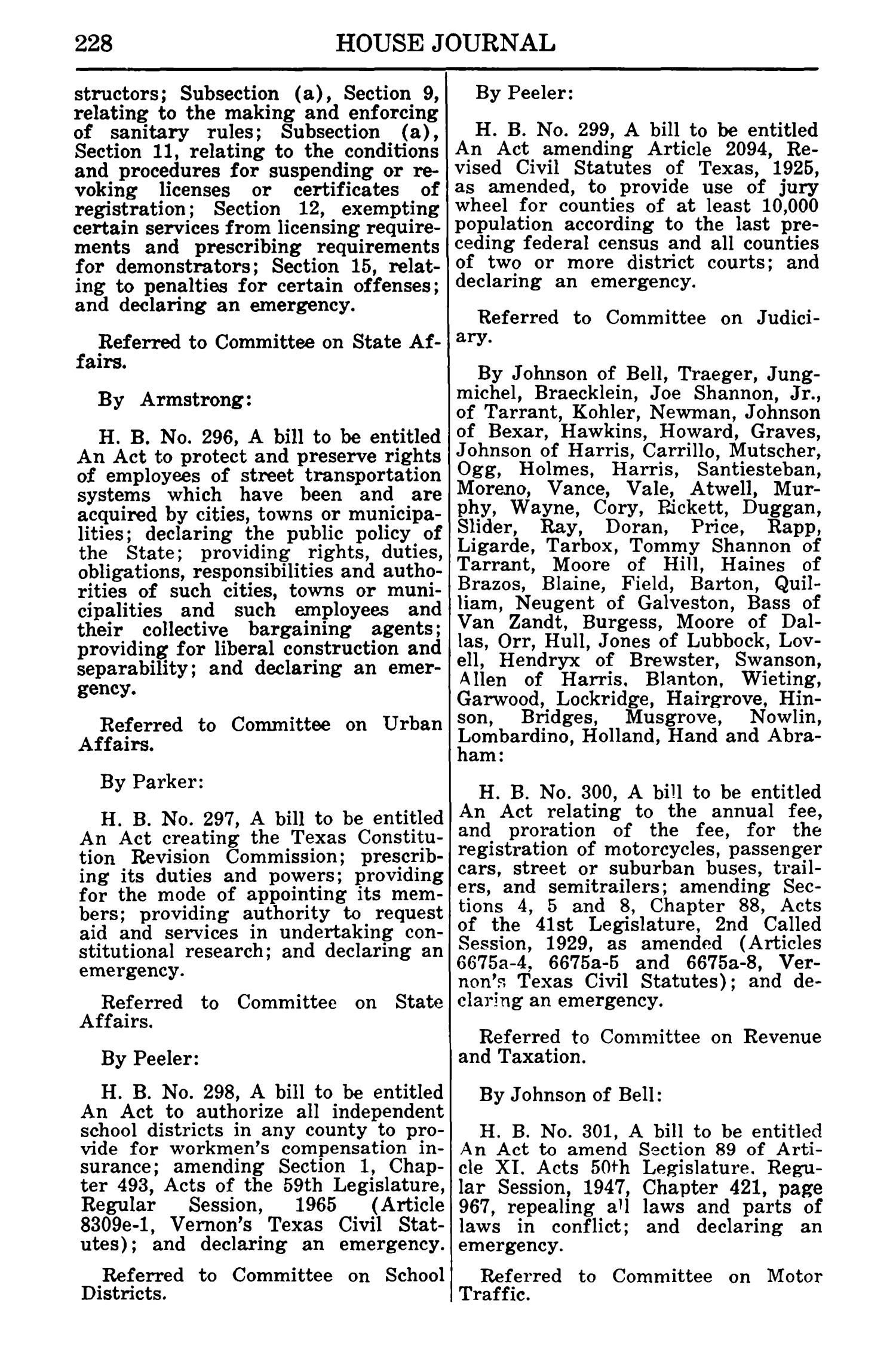 Journal of the House of Representatives of the Regular Session of the Sixtieth Legislature of the State of Texas, Volume 1
                                                
                                                    228
                                                