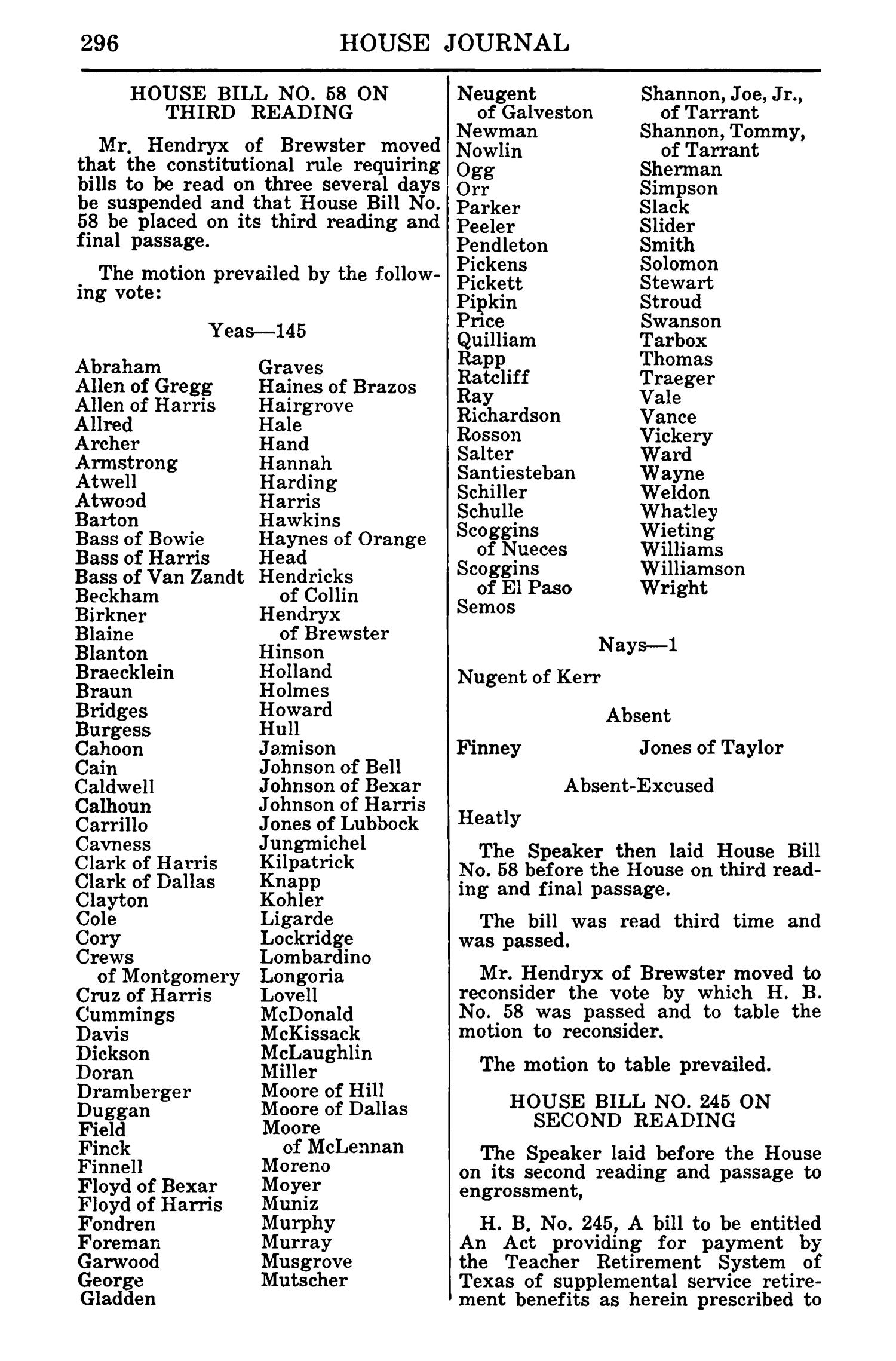 Journal of the House of Representatives of the Regular Session of the Sixtieth Legislature of the State of Texas, Volume 1
                                                
                                                    296
                                                