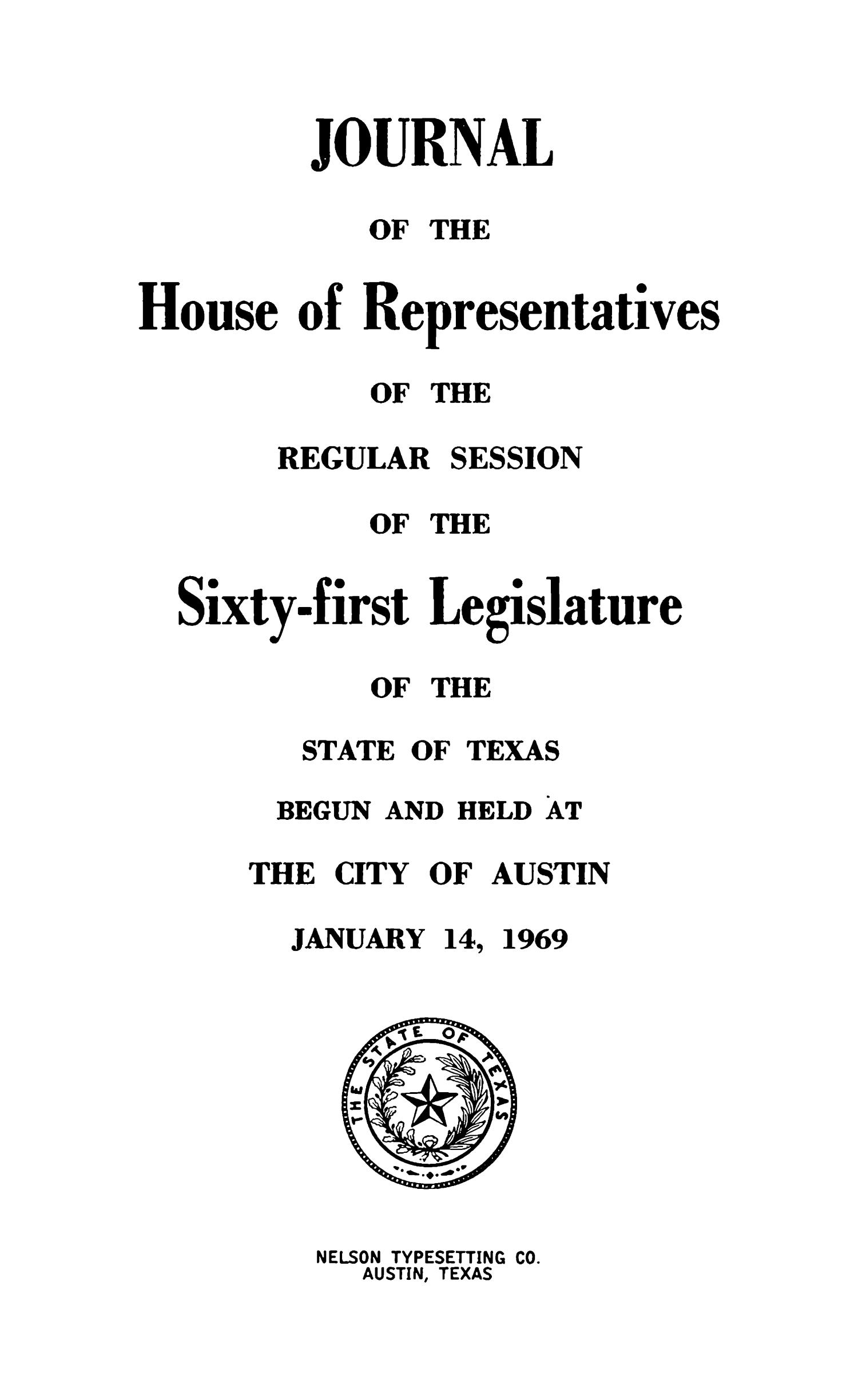 Journal of the House of Representatives of the Regular Session of the Sixty-First Legislature of the State of Texas, Volume 1
                                                
                                                    Title Page
                                                