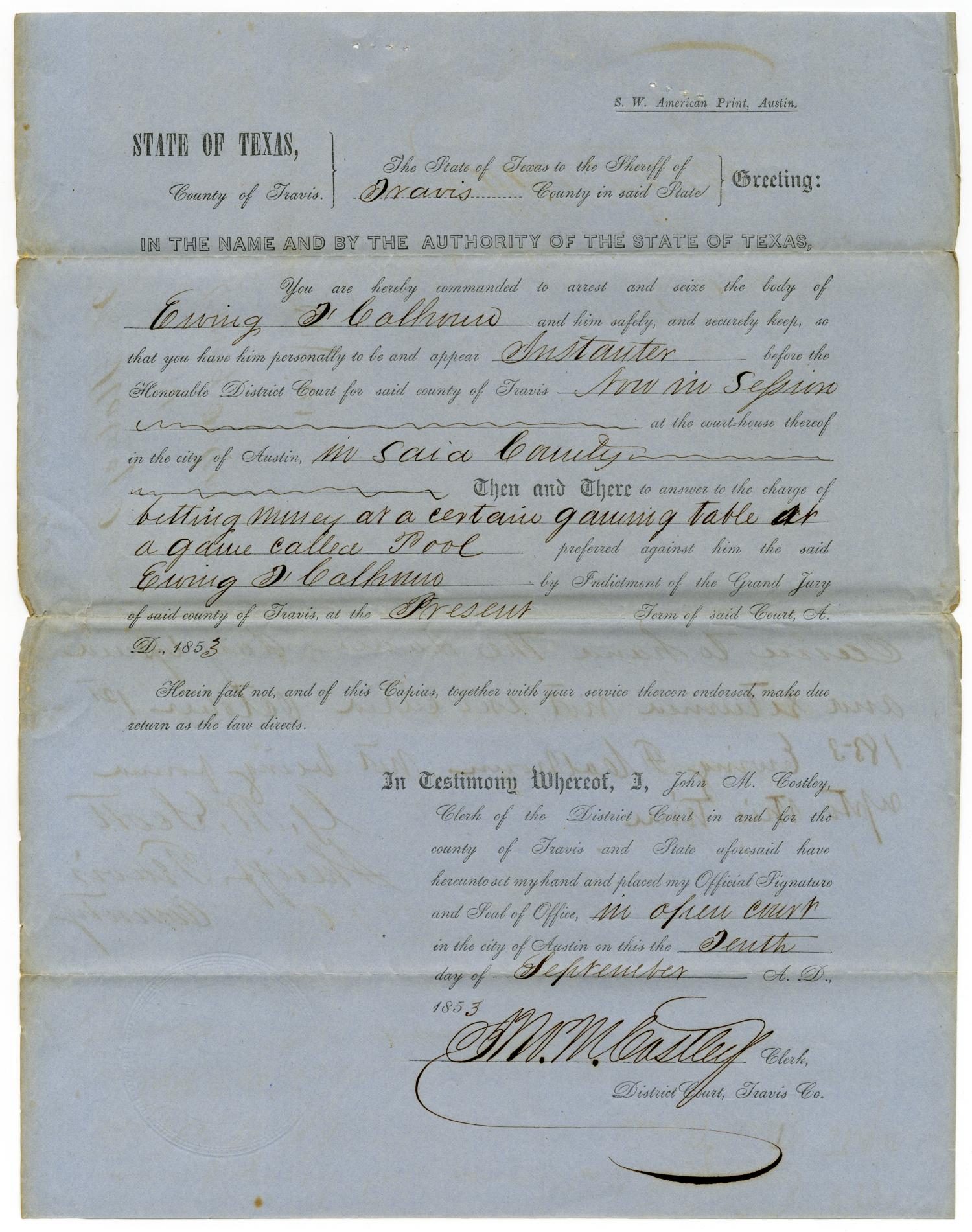 Documents pertaining to the case of The State of Texas vs. Ewing F. Calhoun, cause no. 335, 1853
                                                
                                                    [Sequence #]: 3 of 4
                                                