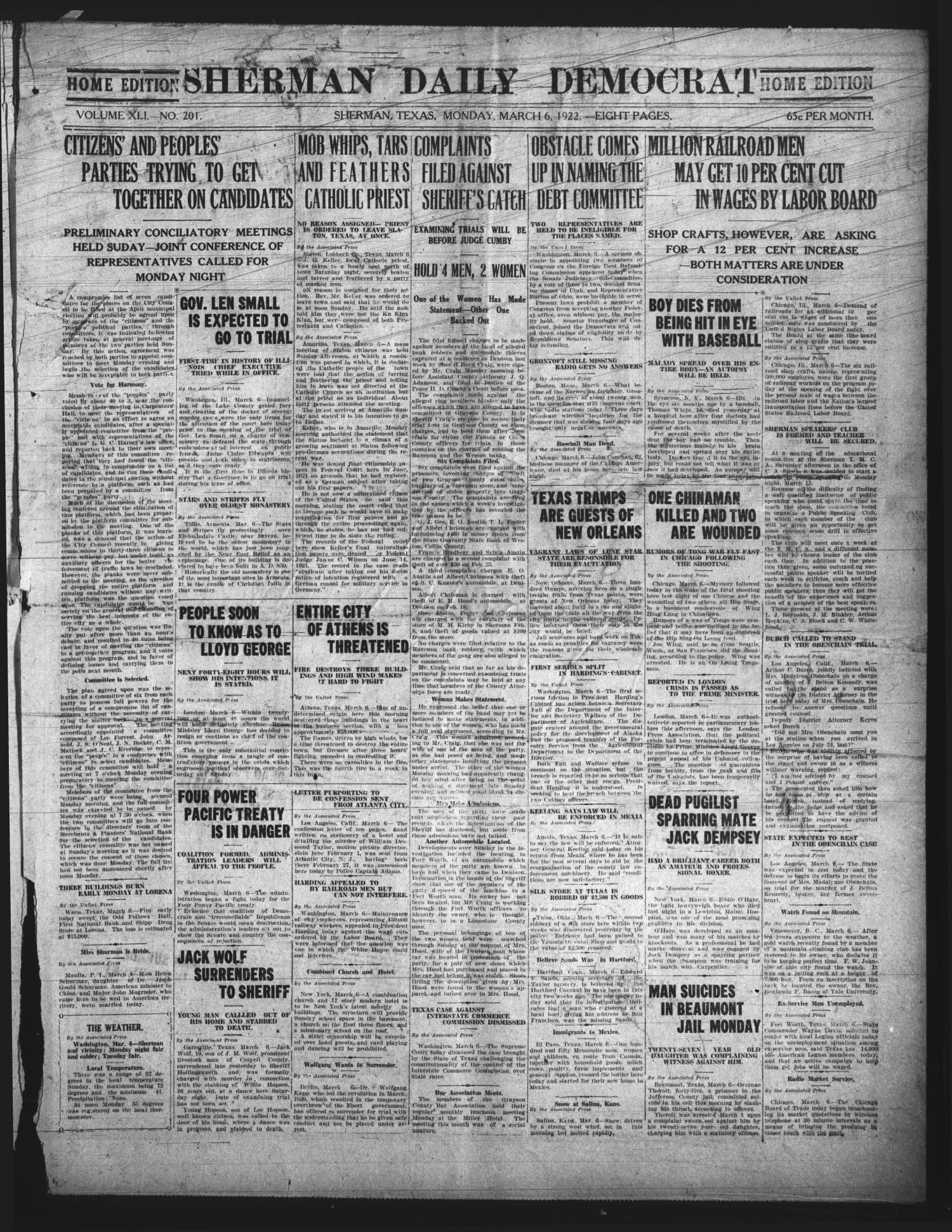 Sherman Daily Democrat (Sherman, Tex.), Vol. 41, No. 201, Ed. 1 Monday, March 6, 1922
                                                
                                                    [Sequence #]: 1 of 8
                                                