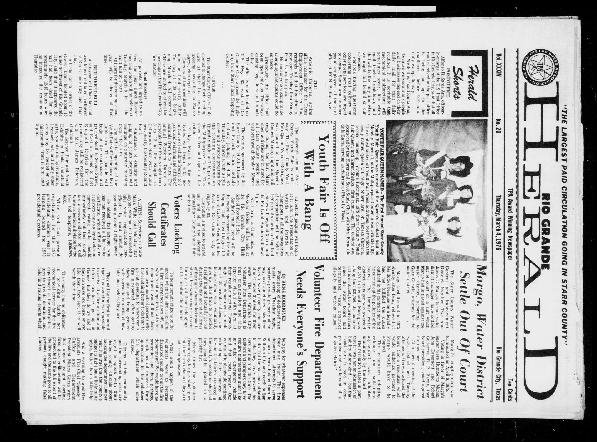 Rio Grande Herald (Rio Grande City, Tex.), Vol. 34, No. 20, Ed. 1 Thursday, March 4, 1976
                                                
                                                    [Sequence #]: 1 of 12
                                                