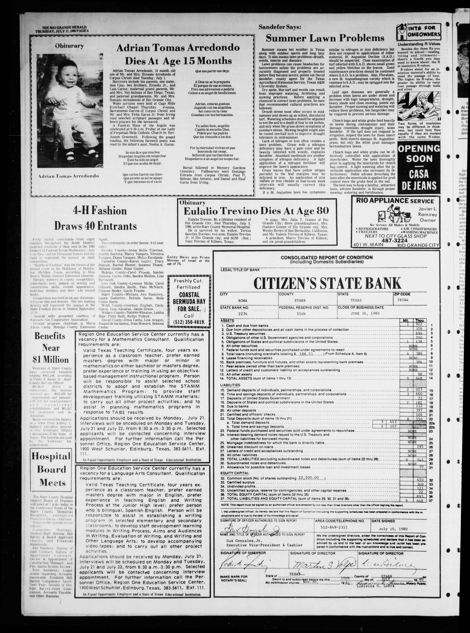 Rio Grande Herald (Rio Grande City, Tex.), Vol. 35, No. 44, Ed. 1 Thursday, July 17, 1980
                                                
                                                    [Sequence #]: 4 of 8
                                                