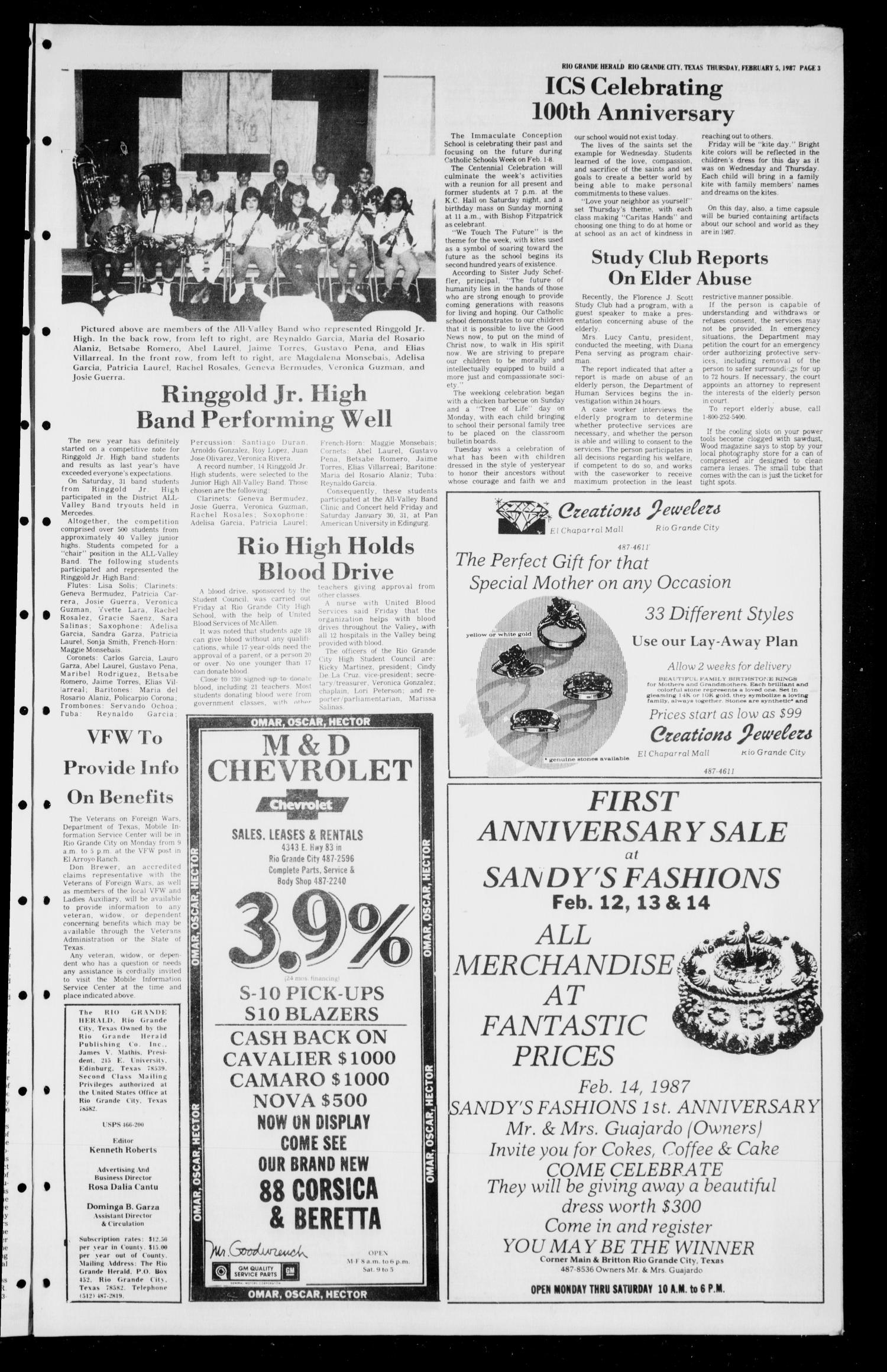 The Rio Grande Herald (Rio Grande City, Tex.), No. 15, Ed. 1 Thursday, February 5, 1987
                                                
                                                    [Sequence #]: 3 of 12
                                                
