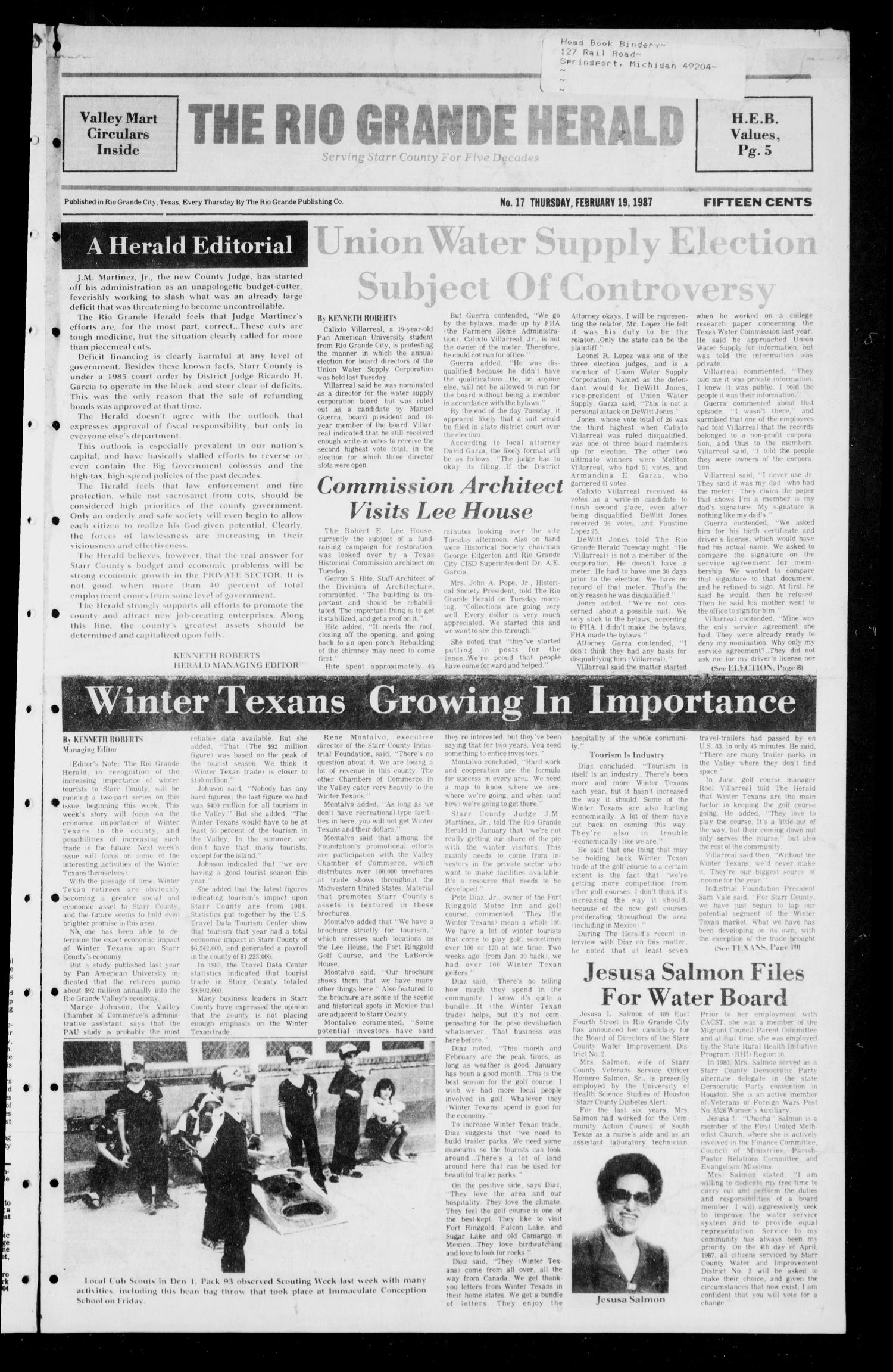 The Rio Grande Herald (Rio Grande City, Tex.), No. 17, Ed. 1 Thursday, February 19, 1987
                                                
                                                    [Sequence #]: 1 of 10
                                                