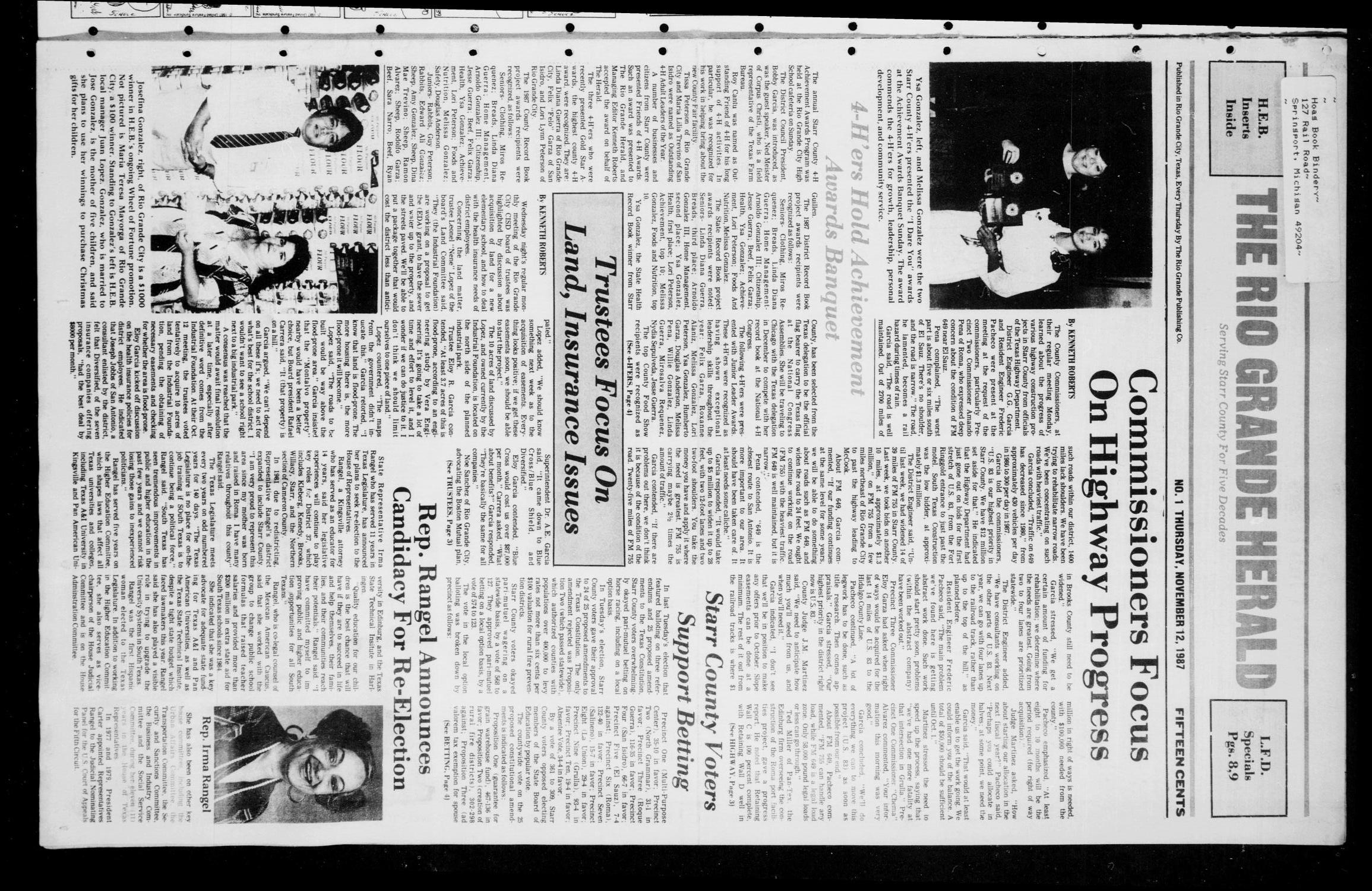The Rio Grande Herald (Rio Grande City, Tex.), No. 1, Ed. 1 Thursday, November 12, 1987
                                                
                                                    [Sequence #]: 1 of 12
                                                