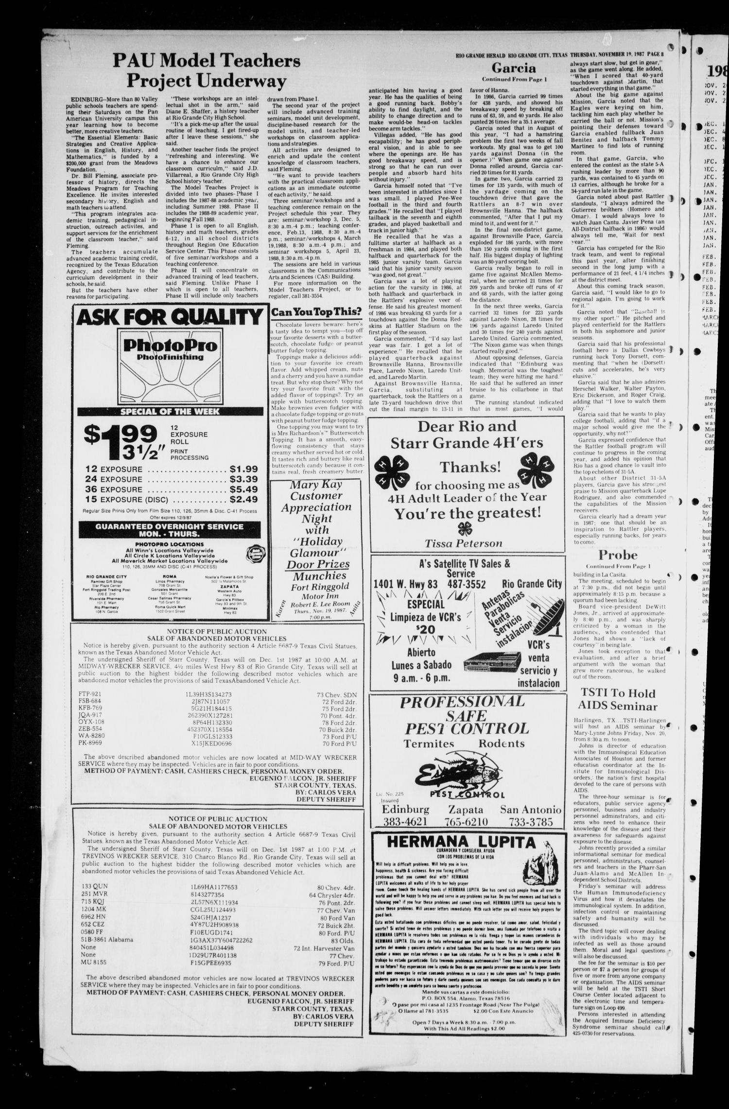 The Rio Grande Herald (Rio Grande City, Tex.), No. 2, Ed. 1 Thursday, November 19, 1987
                                                
                                                    [Sequence #]: 8 of 10
                                                
