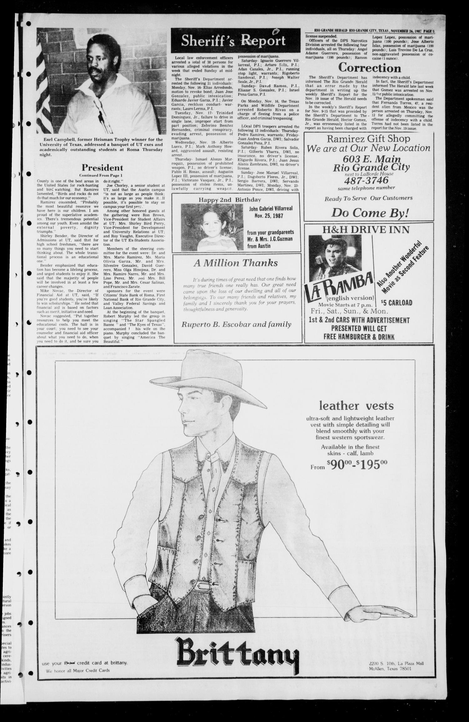 The Rio Grande Herald (Rio Grande City, Tex.), No. 3, Ed. 1 Thursday, November 26, 1987
                                                
                                                    [Sequence #]: 5 of 10
                                                