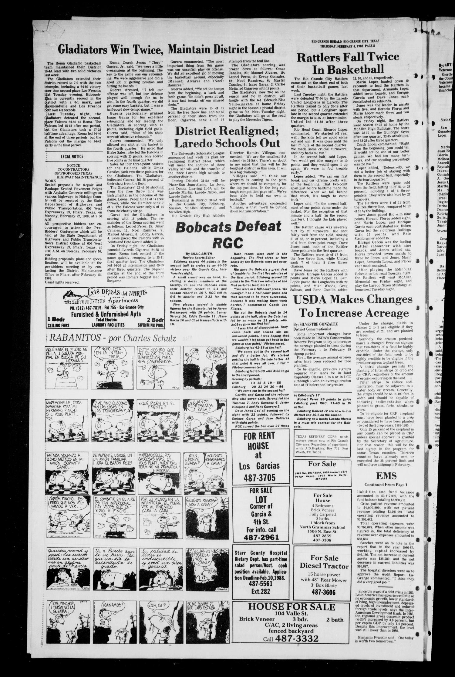 The Rio Grande Herald (Rio Grande City, Tex.), No. 13, Ed. 1 Thursday, February 4, 1988
                                                
                                                    [Sequence #]: 8 of 10
                                                