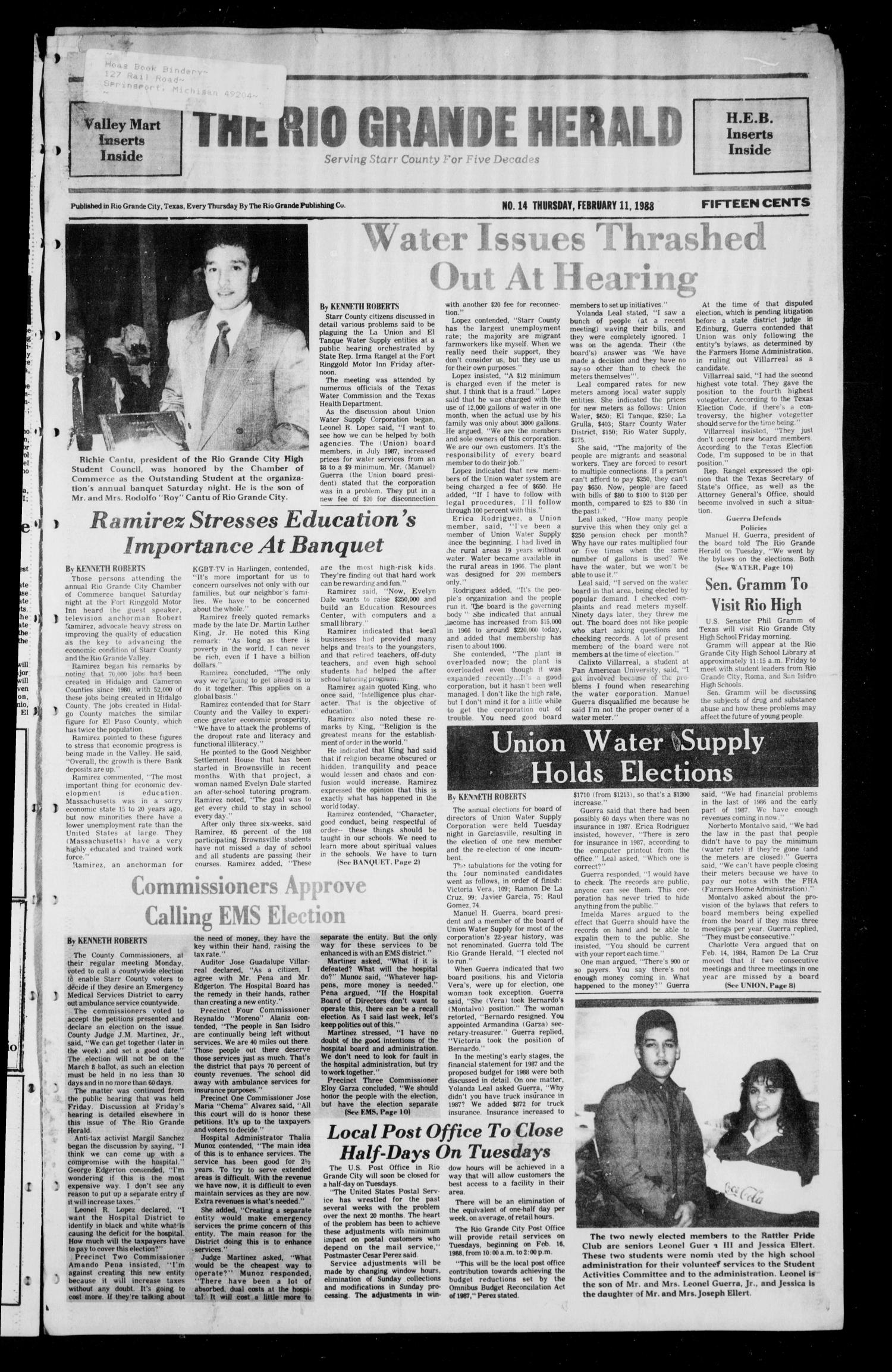 The Rio Grande Herald (Rio Grande City, Tex.), No. 14, Ed. 1 Thursday, February 11, 1988
                                                
                                                    [Sequence #]: 1 of 10
                                                
