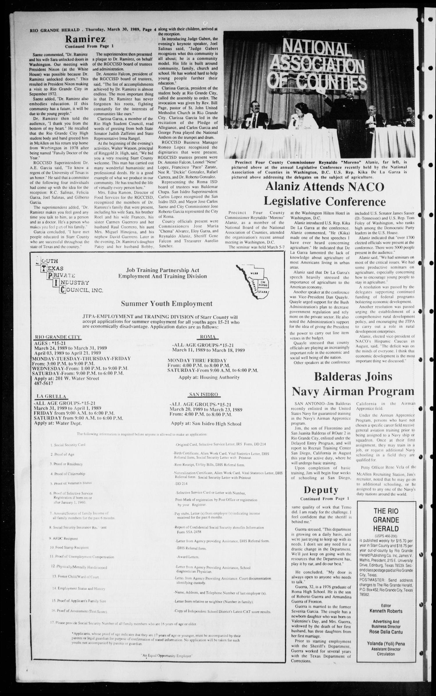 The Rio Grande Herald (Rio Grande City, Tex.), Vol. 79, No. 20, Ed. 1 Thursday, March 30, 1989
                                                
                                                    [Sequence #]: 4 of 12
                                                