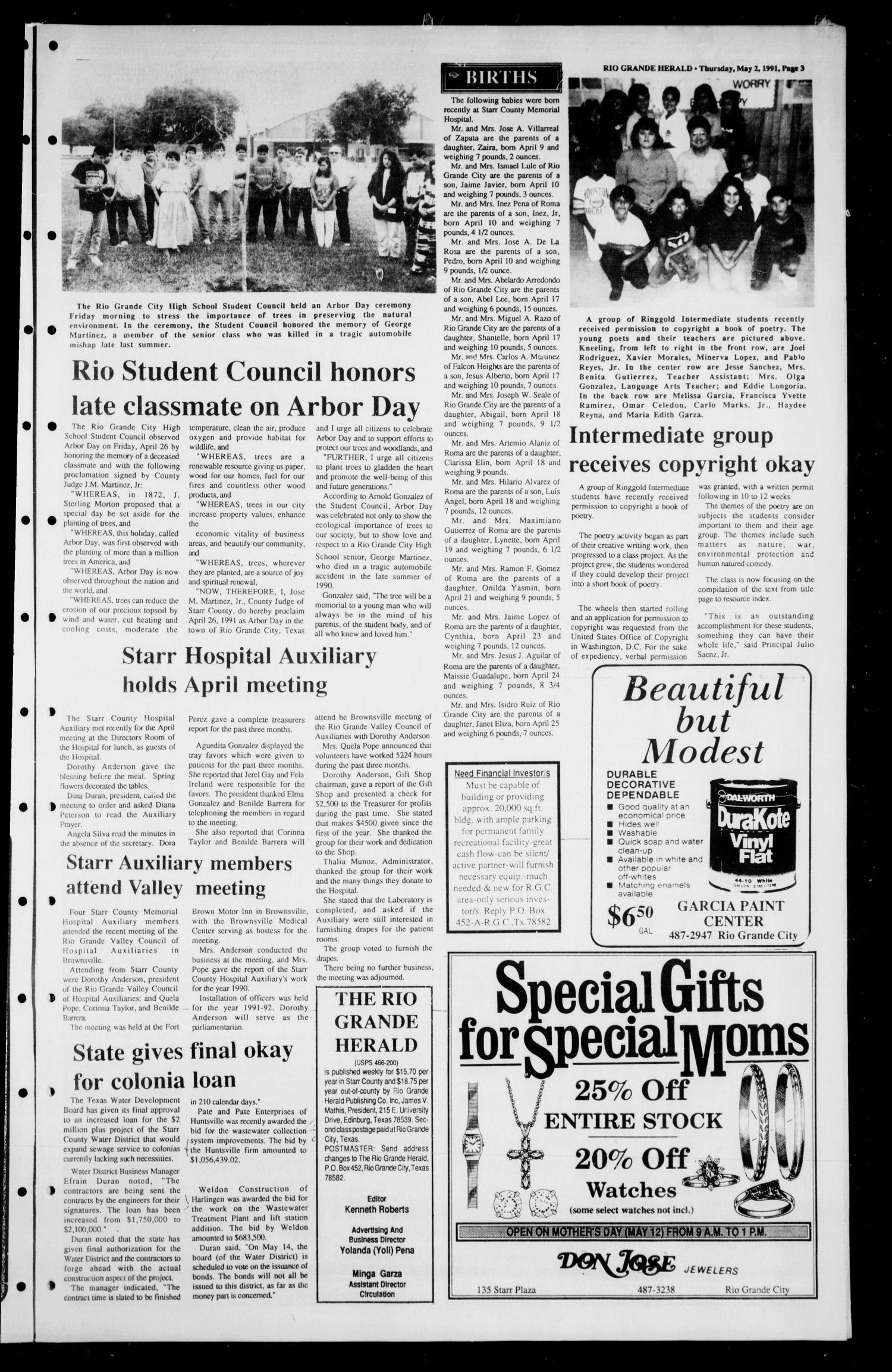 The Rio Grande Herald (Rio Grande City, Tex.), Vol. 80, No. 73, Ed. 1 Thursday, May 2, 1991
                                                
                                                    [Sequence #]: 3 of 10
                                                