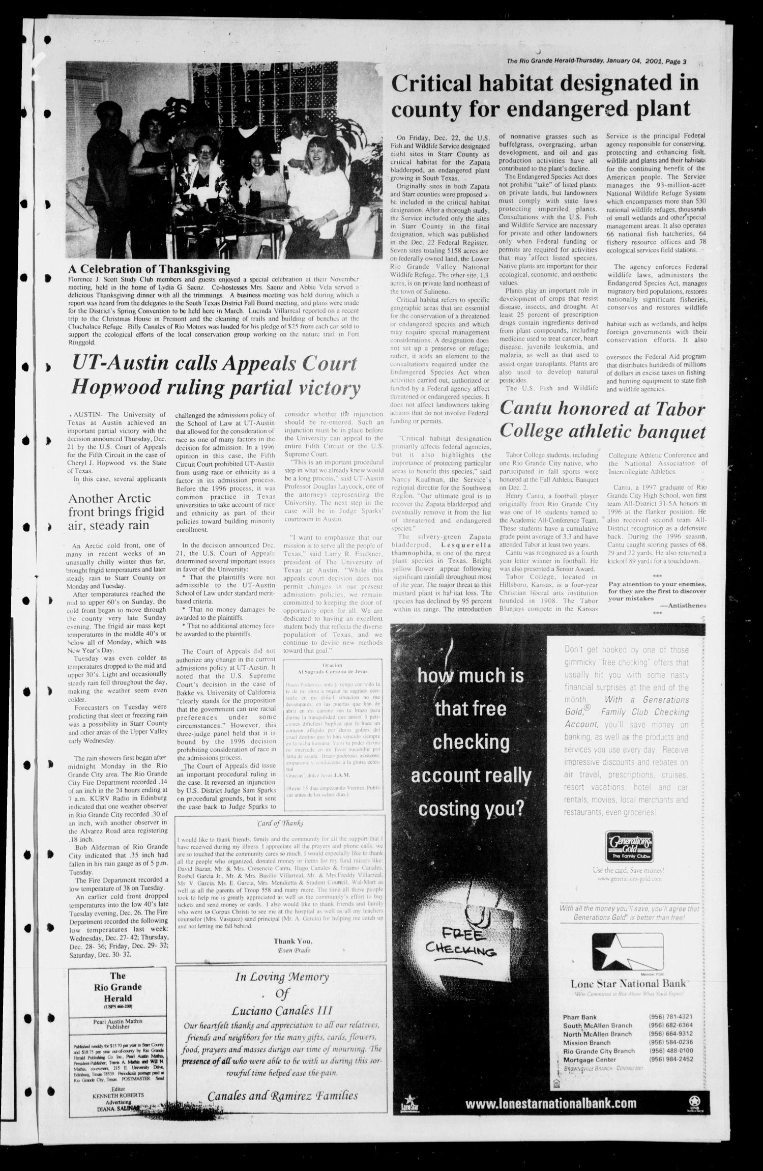 Rio Grande Herald (Rio Grande City, Tex.), Vol. 88, No. 1, Ed. 1 Thursday, January 4, 2001
                                                
                                                    [Sequence #]: 3 of 6
                                                