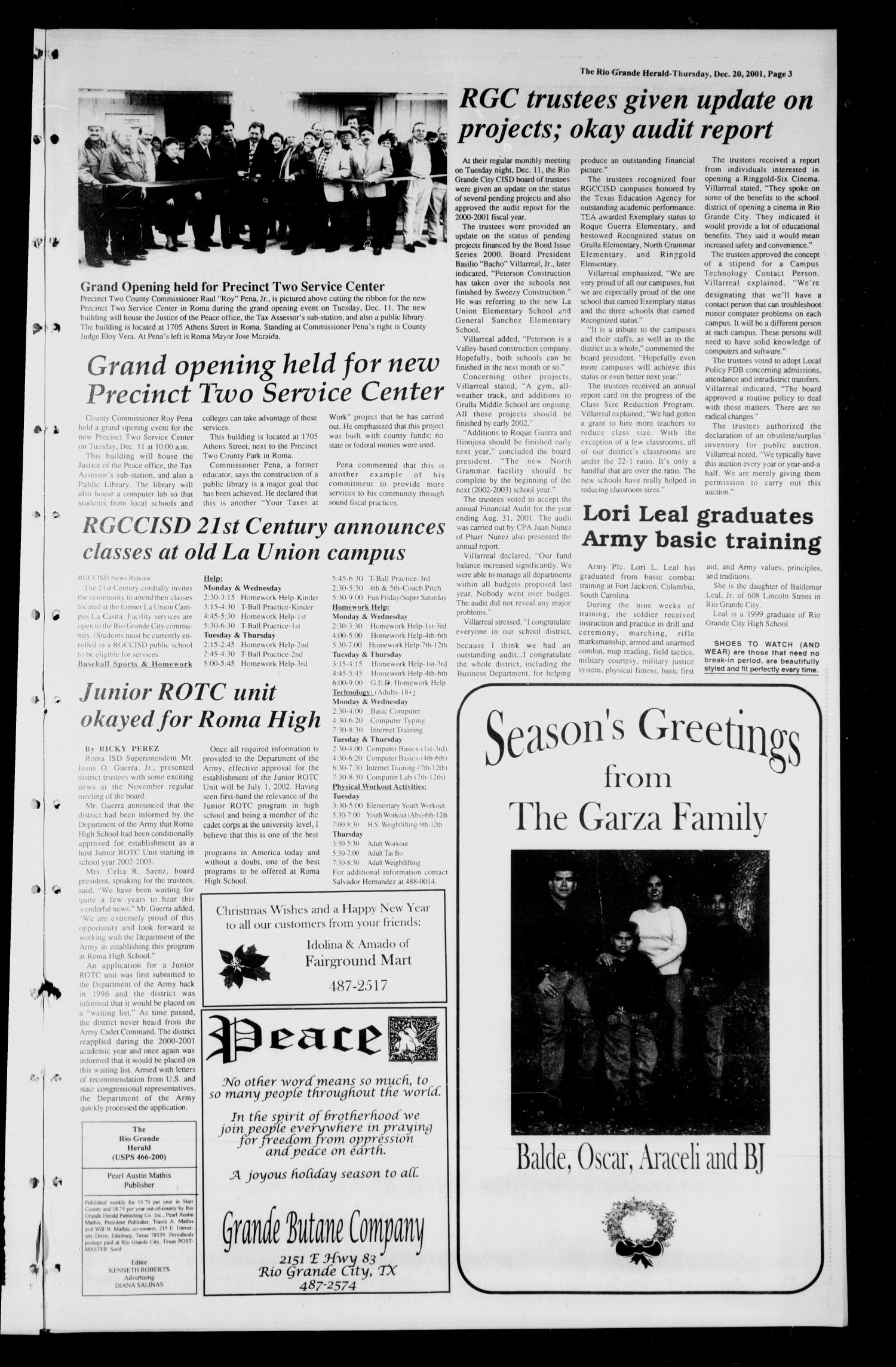 Rio Grande Herald (Rio Grande City, Tex.), Vol. 88, No. 48, Ed. 1 Thursday, December 20, 2001
                                                
                                                    [Sequence #]: 3 of 8
                                                