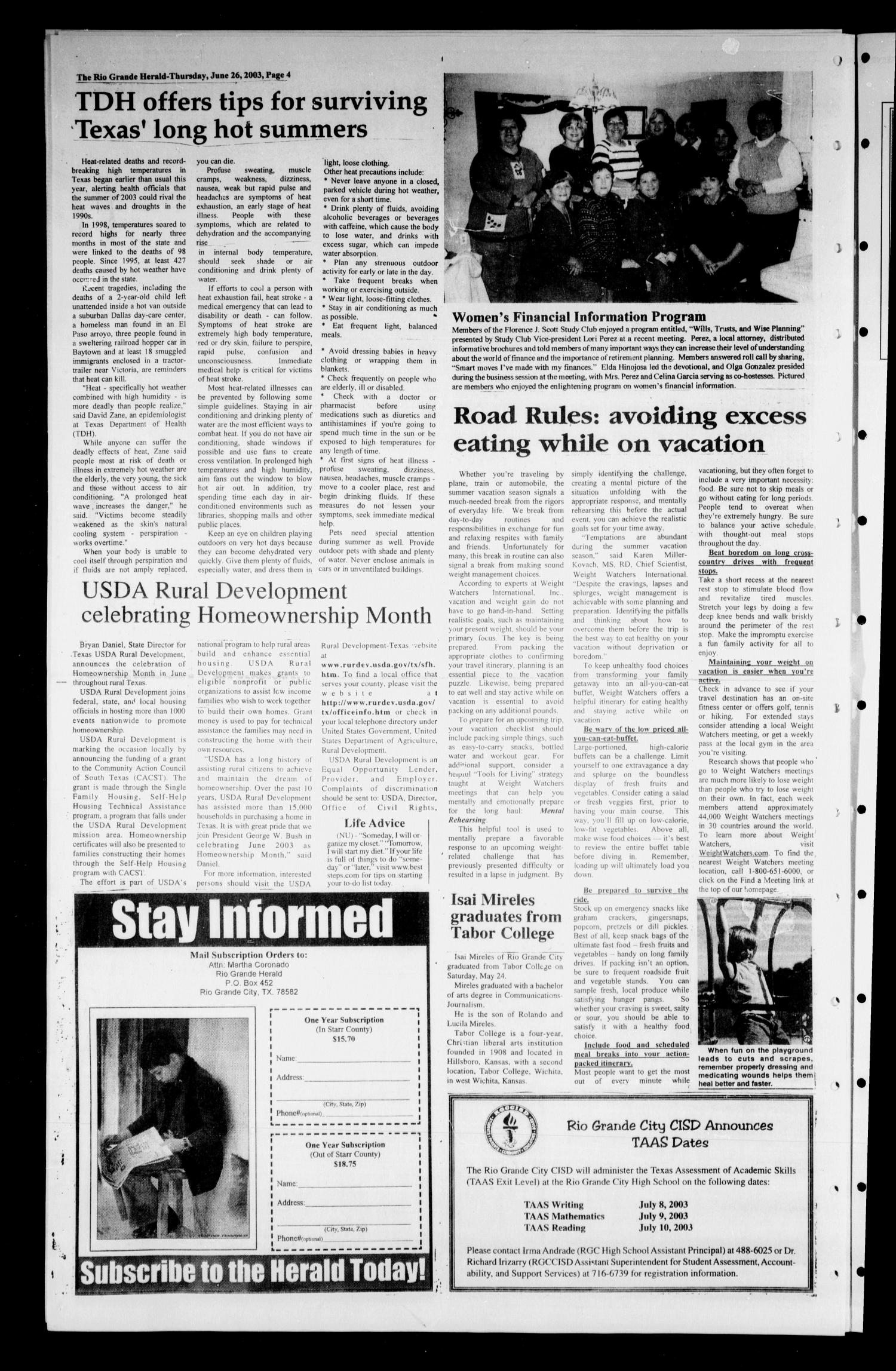 Rio Grande Herald (Rio Grande City, Tex.), Vol. 90, No. 26, Ed. 1 Thursday, June 26, 2003
                                                
                                                    [Sequence #]: 4 of 6
                                                