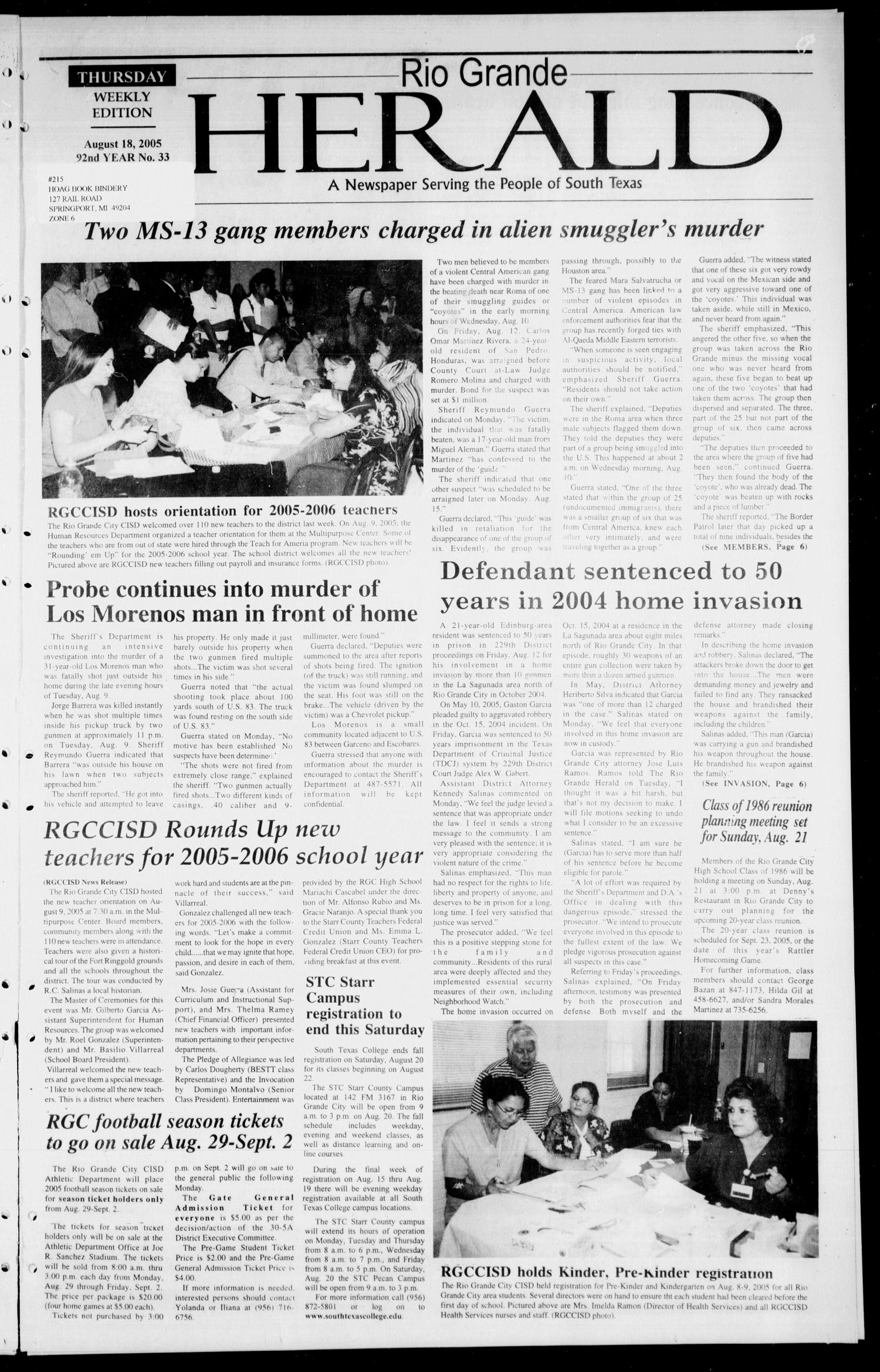 Rio Grande Herald (Rio Grande City, Tex.), Vol. 92, No. 33, Ed. 1 Thursday, August 18, 2005
                                                
                                                    [Sequence #]: 1 of 6
                                                
