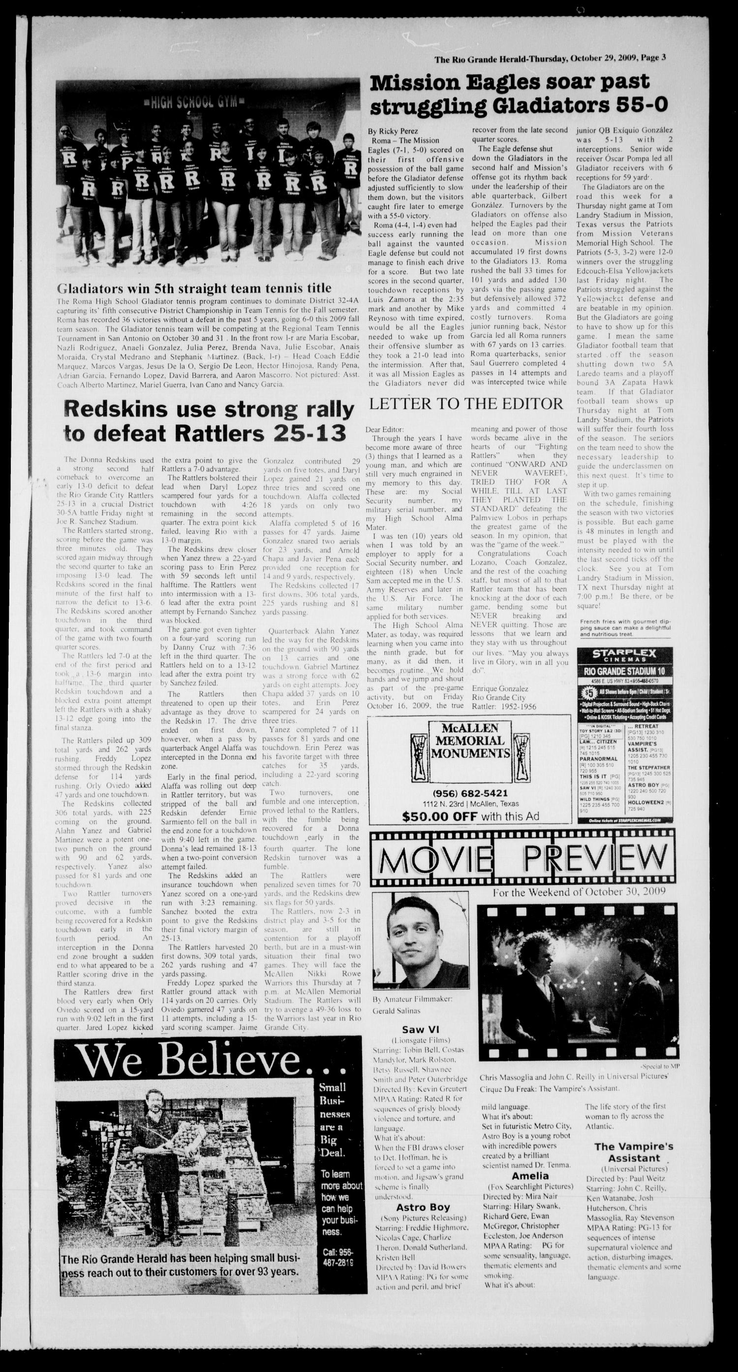 Rio Grande Herald (Rio Grande City, Tex.), Vol. 96, No. 43, Ed. 1 Thursday, October 29, 2009
                                                
                                                    [Sequence #]: 3 of 6
                                                