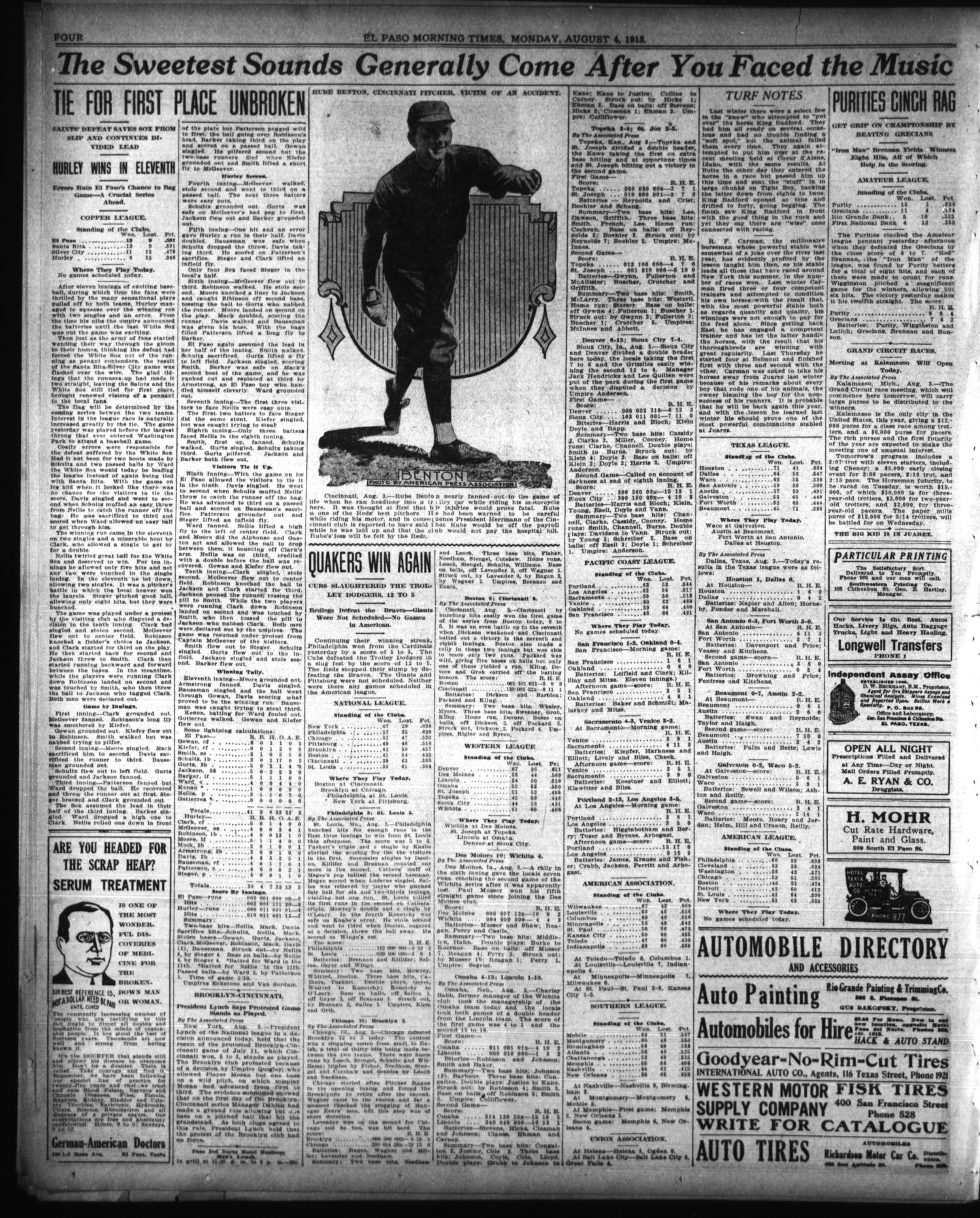 El Paso Morning Times (El Paso, Tex.), Vol. 33RD YEAR, Ed. 1, Monday, August 4, 1913
                                                
                                                    [Sequence #]: 4 of 12
                                                