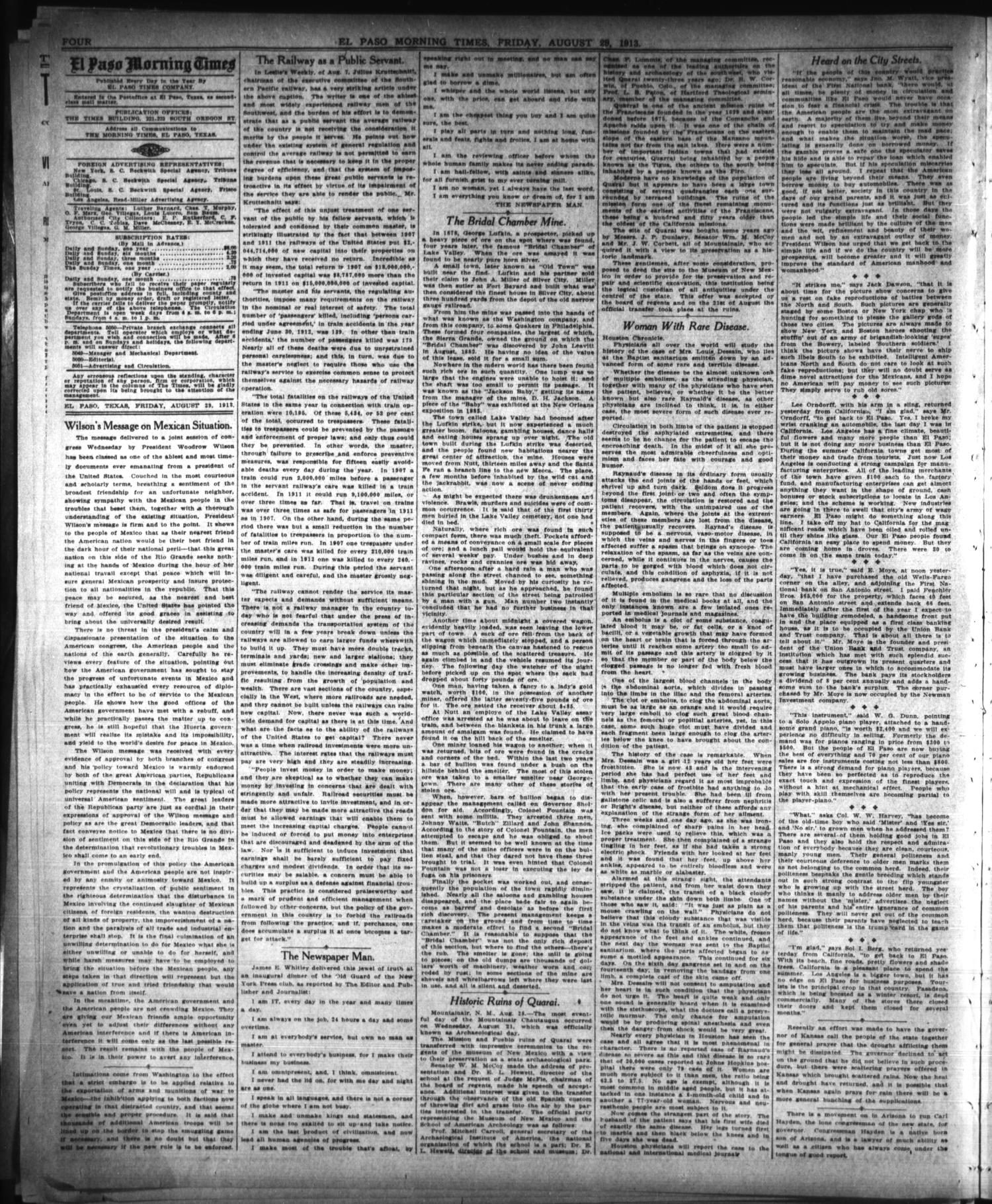El Paso Morning Times (El Paso, Tex.), Vol. 34TH YEAR, Ed. 1, Friday, August 29, 1913
                                                
                                                    [Sequence #]: 4 of 10
                                                