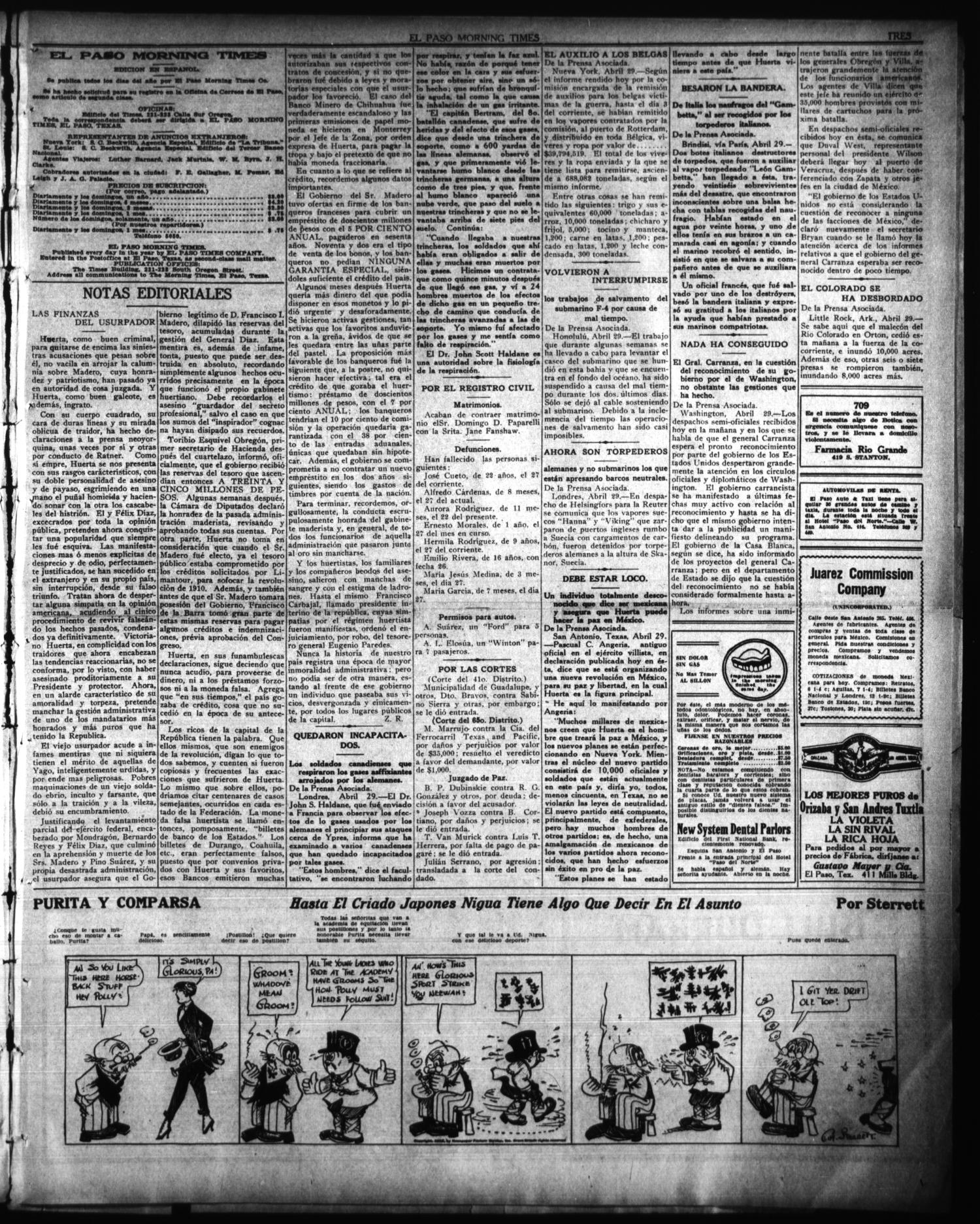 El Paso Morning Times (El Paso, Tex.), Vol. 35TH YEAR, Ed. 1, Friday, April 30, 1915
                                                
                                                    [Sequence #]: 3 of 4
                                                