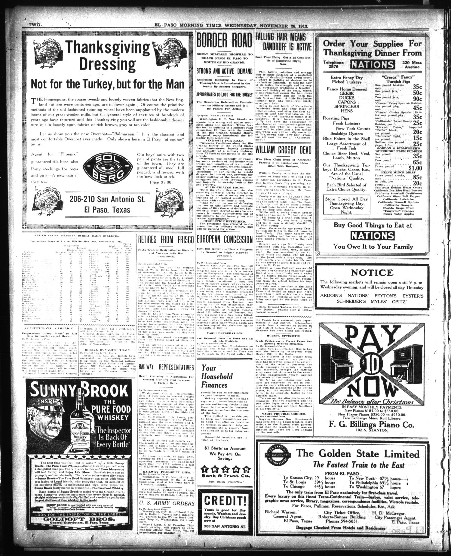 El Paso Morning Times (El Paso, Tex.), Vol. 34TH YEAR, Ed. 1, Wednesday, November 26, 1913
                                                
                                                    [Sequence #]: 2 of 12
                                                