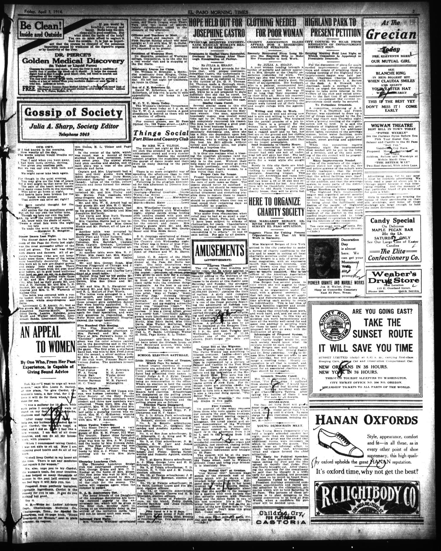 El Paso Morning Times (El Paso, Tex.), Vol. 34TH YEAR, Ed. 1, Friday, April 3, 1914
                                                
                                                    [Sequence #]: 7 of 10
                                                