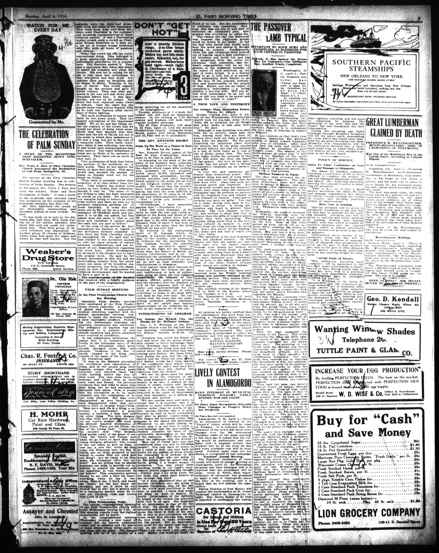 El Paso Morning Times (El Paso, Tex.), Vol. 34TH YEAR, Ed. 1, Monday, April 6, 1914
                                                
                                                    [Sequence #]: 3 of 10
                                                