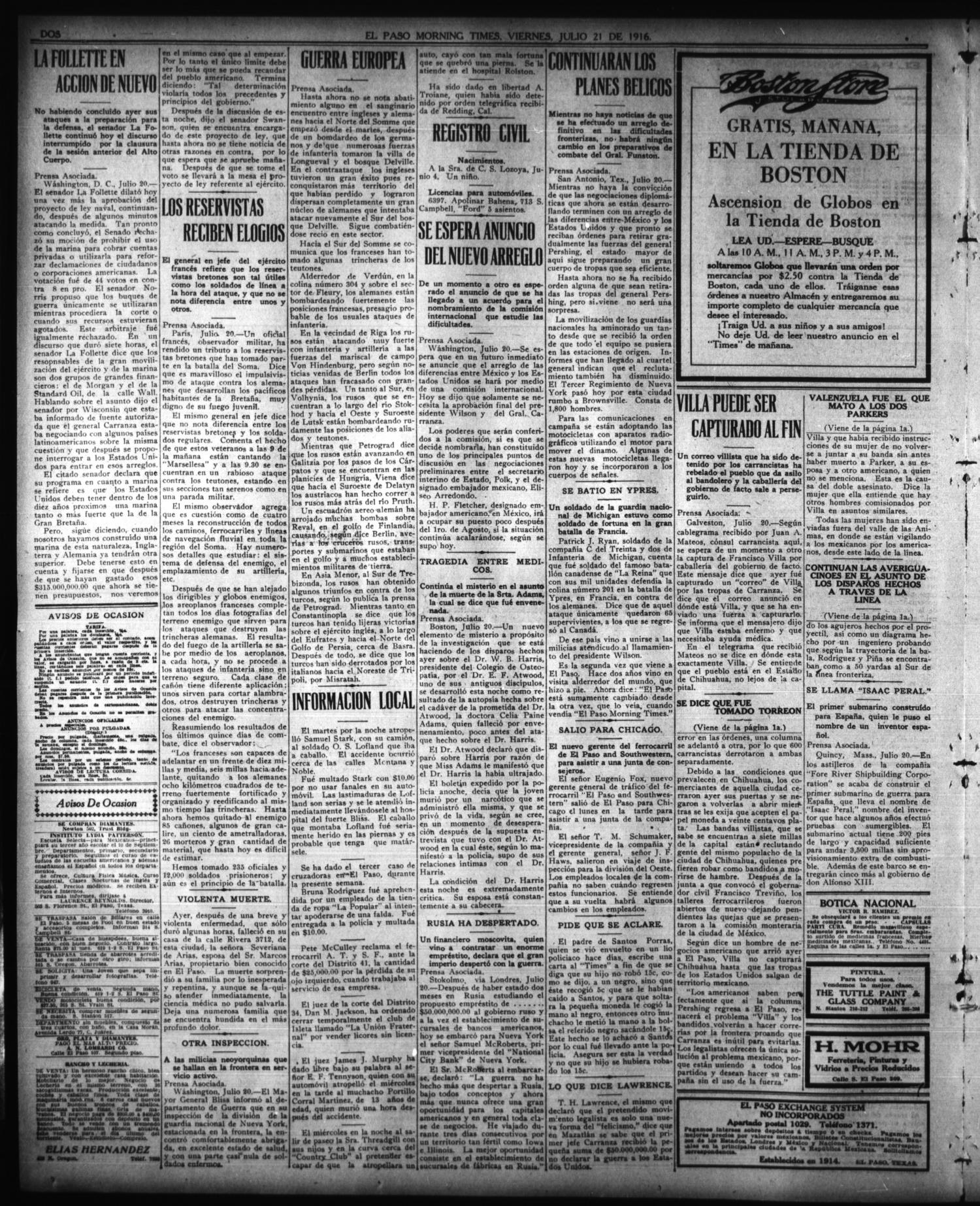 El Paso Morning Times (El Paso, Tex.), Vol. 36TH YEAR, Ed. 1, Friday, July 21, 1916
                                                
                                                    [Sequence #]: 2 of 4
                                                