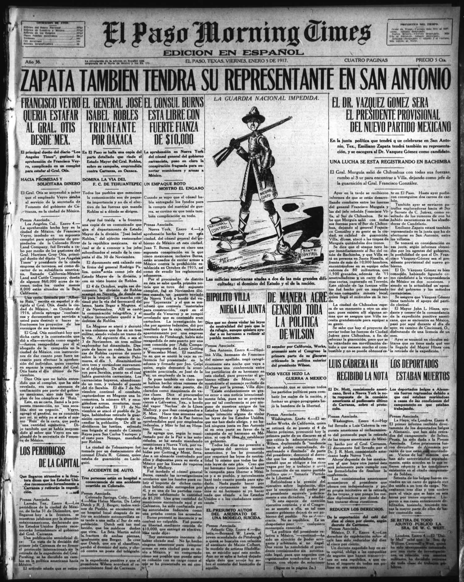 El Paso Morning Times (El Paso, Tex.), Vol. 36TH YEAR, Ed. 1, Friday, January 5, 1917
                                                
                                                    [Sequence #]: 1 of 4
                                                