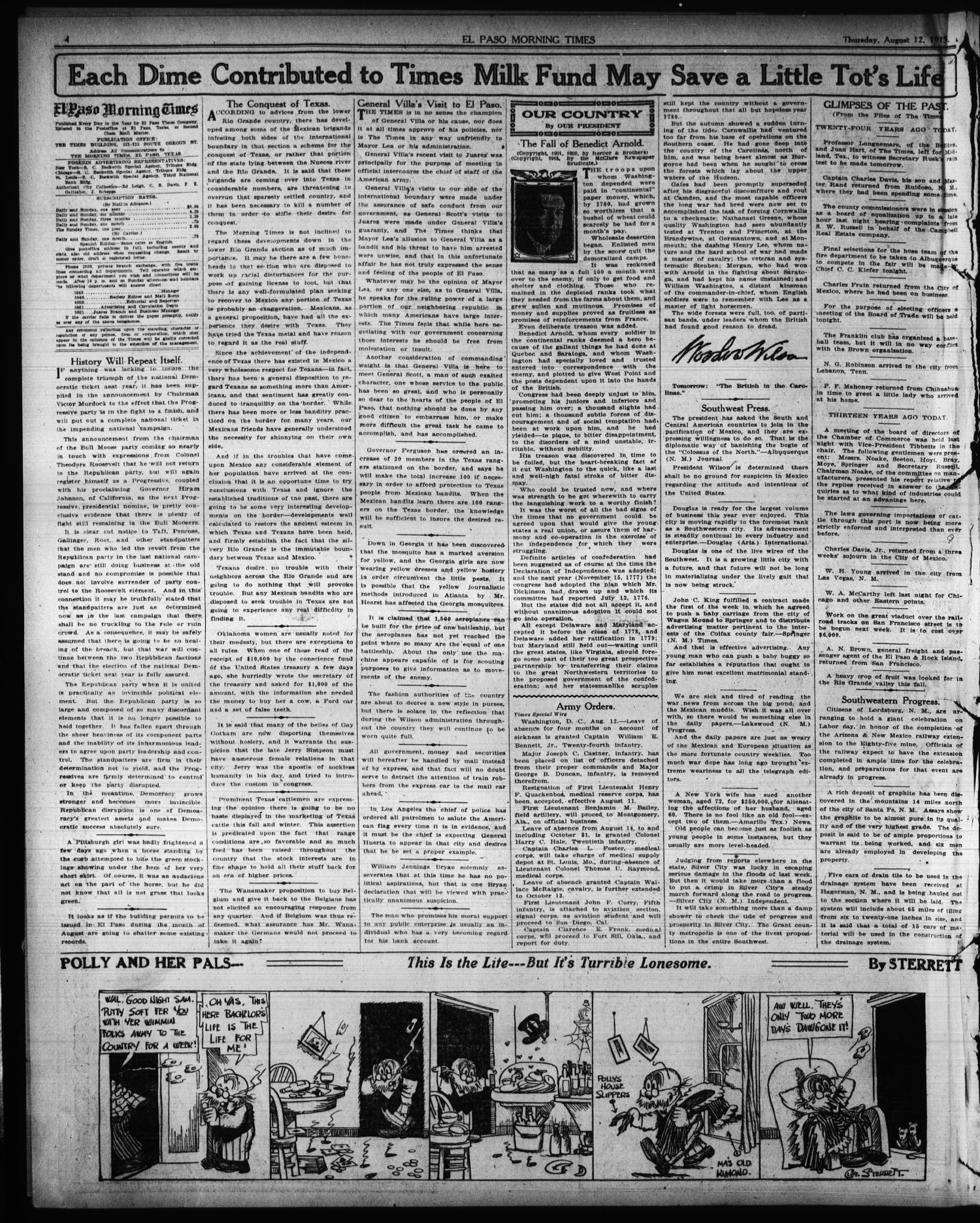 El Paso Morning Times (El Paso, Tex.), Vol. 35TH YEAR, Ed. 1, Friday, August 13, 1915
                                                
                                                    [Sequence #]: 4 of 12
                                                