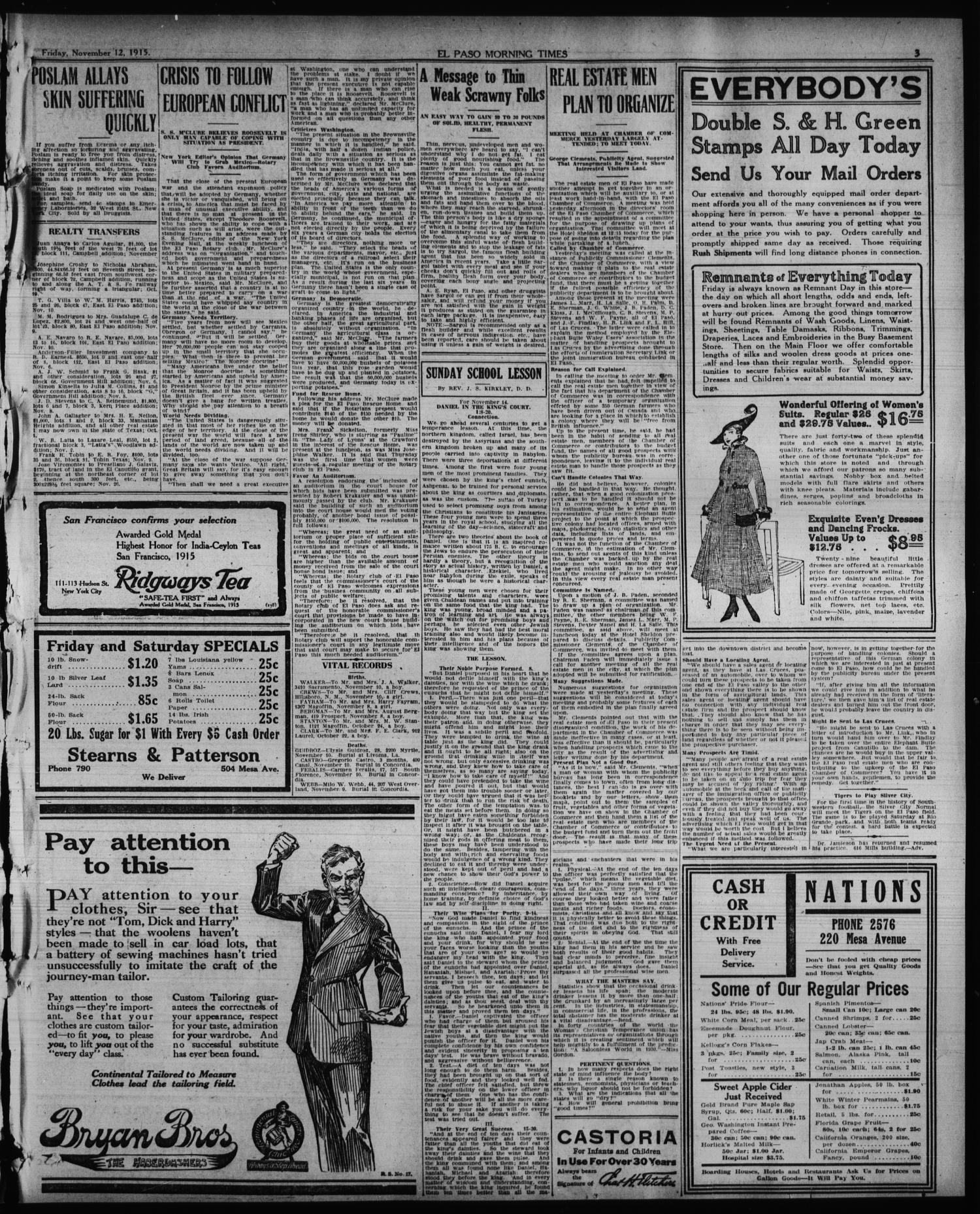 El Paso Morning Times (El Paso, Tex.), Vol. 36TH YEAR, Ed. 1, Friday, November 12, 1915
                                                
                                                    [Sequence #]: 3 of 12
                                                