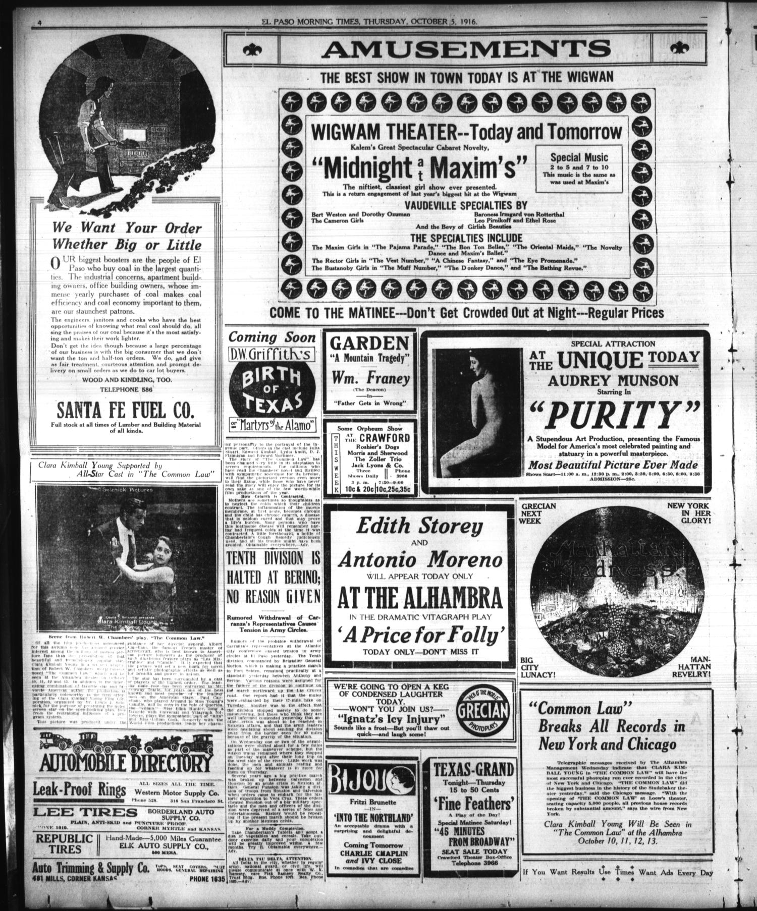 El Paso Morning Times (El Paso, Tex.), Vol. 37TH YEAR, Ed. 1, Thursday, October 5, 1916
                                                
                                                    [Sequence #]: 4 of 12
                                                