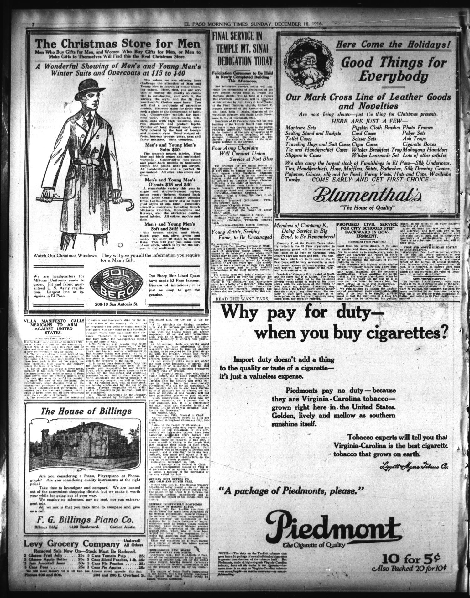 El Paso Morning Times (El Paso, Tex.), Vol. 37TH YEAR, Ed. 1, Sunday, December 10, 1916
                                                
                                                    [Sequence #]: 2 of 40
                                                