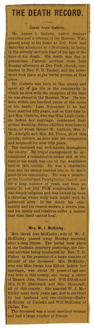 Primary view of object titled '[Obituaries for James Irvin Guthrie and Sarah Ann McKinley]'.