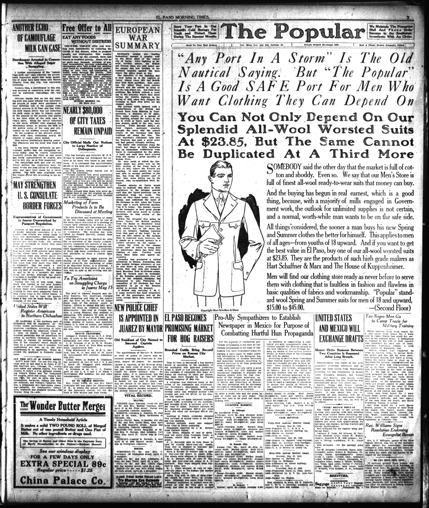 El Paso Morning Times (El Paso, Tex.), Vol. 38TH YEAR, Ed. 2, Wednesday, May 1, 1918
                                                
                                                    [Sequence #]: 3 of 12
                                                