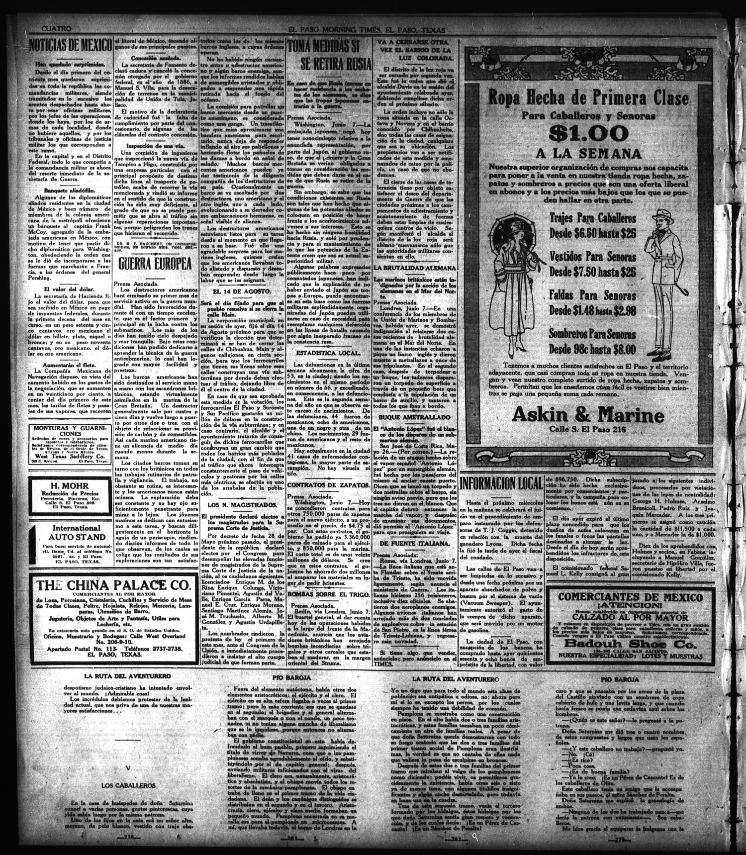 El Paso Morning Times (El Paso, Tex.), Vol. 36TH YEAR, Ed. 1, Friday, June 8, 1917
                                                
                                                    [Sequence #]: 4 of 4
                                                