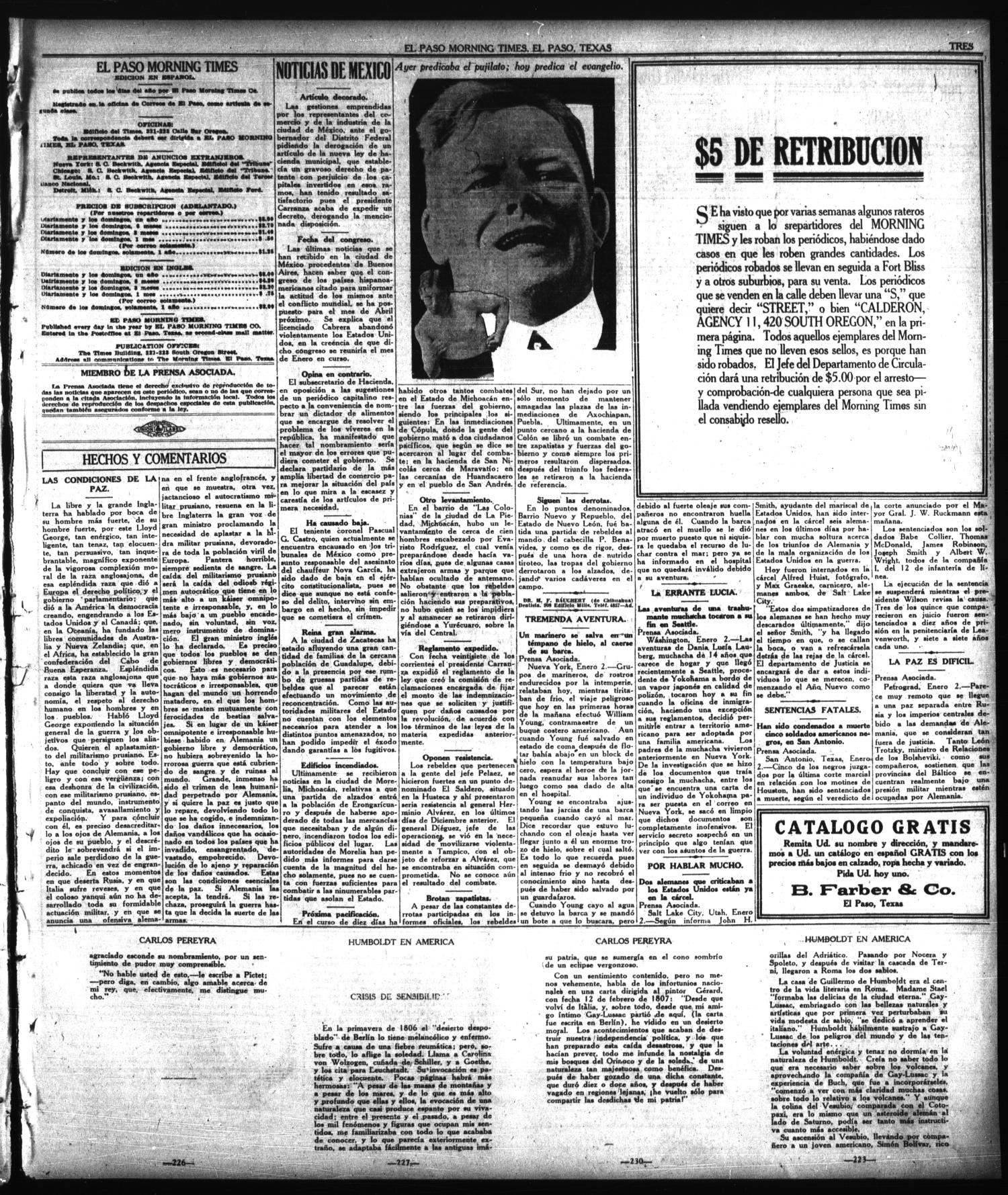 El Paso Morning Times (El Paso, Tex.), Vol. 38TH YEAR, Ed. 1, Thursday, January 3, 1918
                                                
                                                    [Sequence #]: 3 of 4
                                                