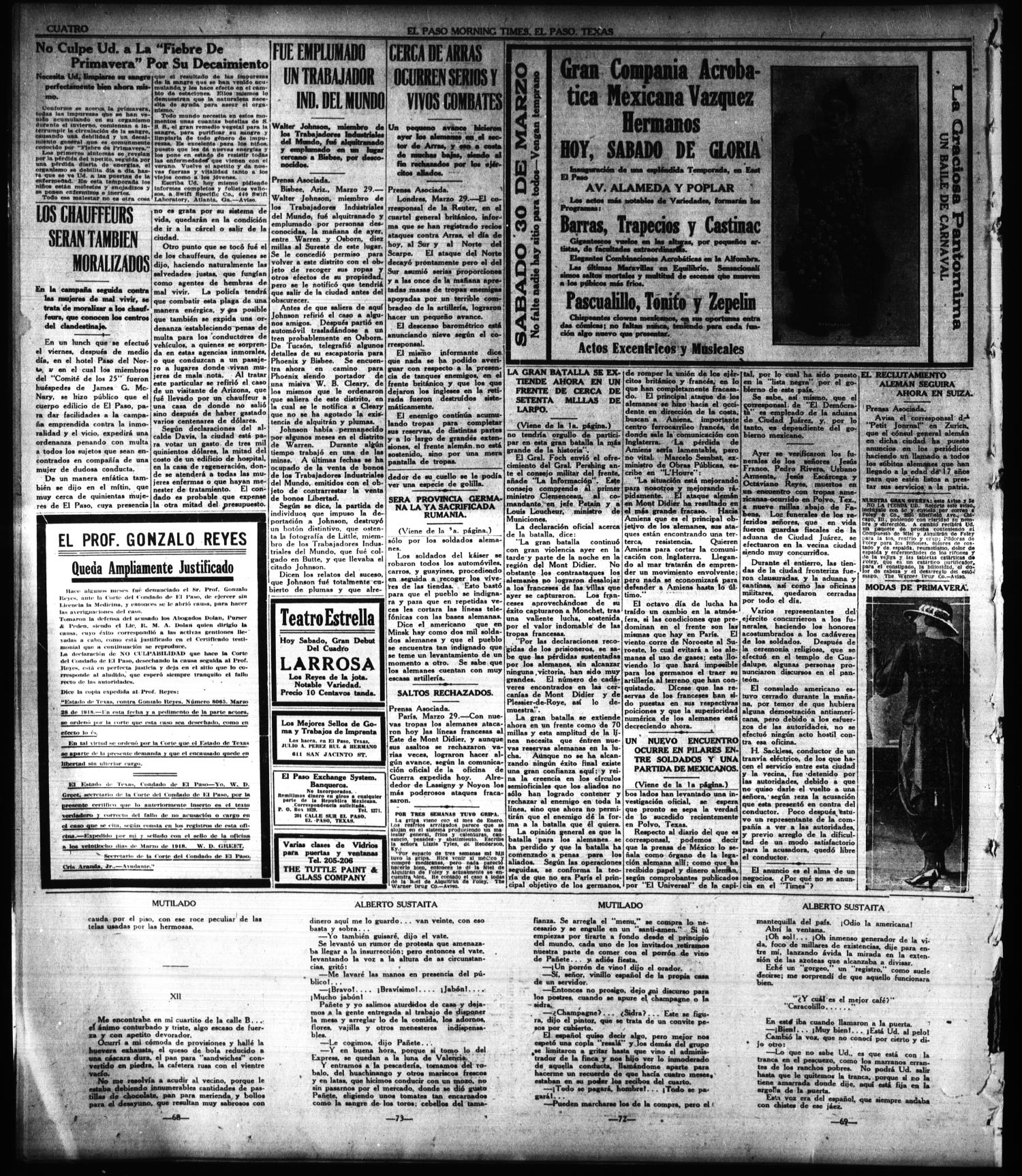 El Paso Morning Times (El Paso, Tex.), Vol. 38TH YEAR, Ed. 1, Saturday, March 30, 1918
                                                
                                                    [Sequence #]: 4 of 4
                                                