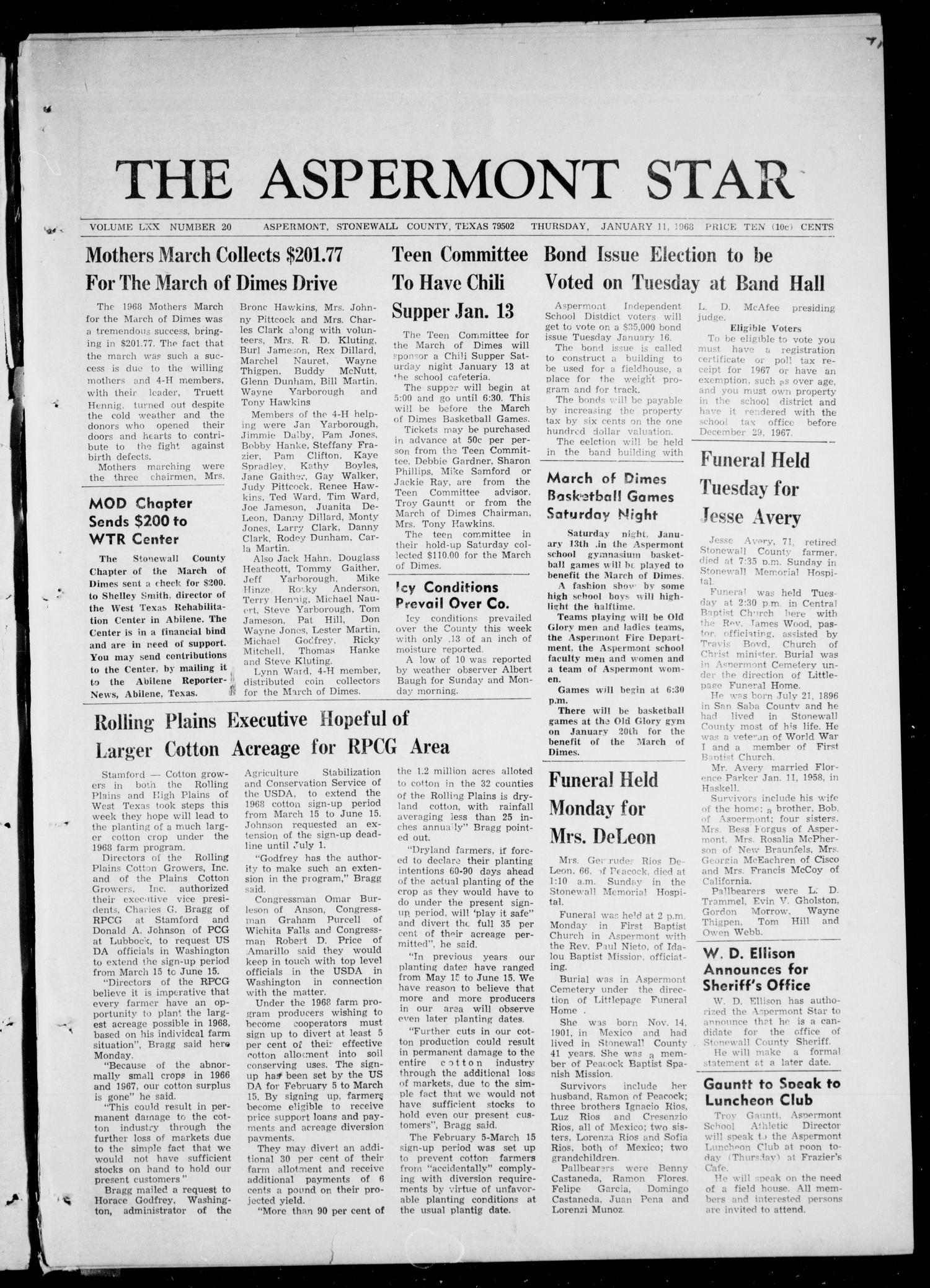 The Aspermont Star (Aspermont, Tex.), Vol. 70, No. 20, Ed. 1 Thursday, January 11, 1968
                                                
                                                    [Sequence #]: 1 of 8
                                                