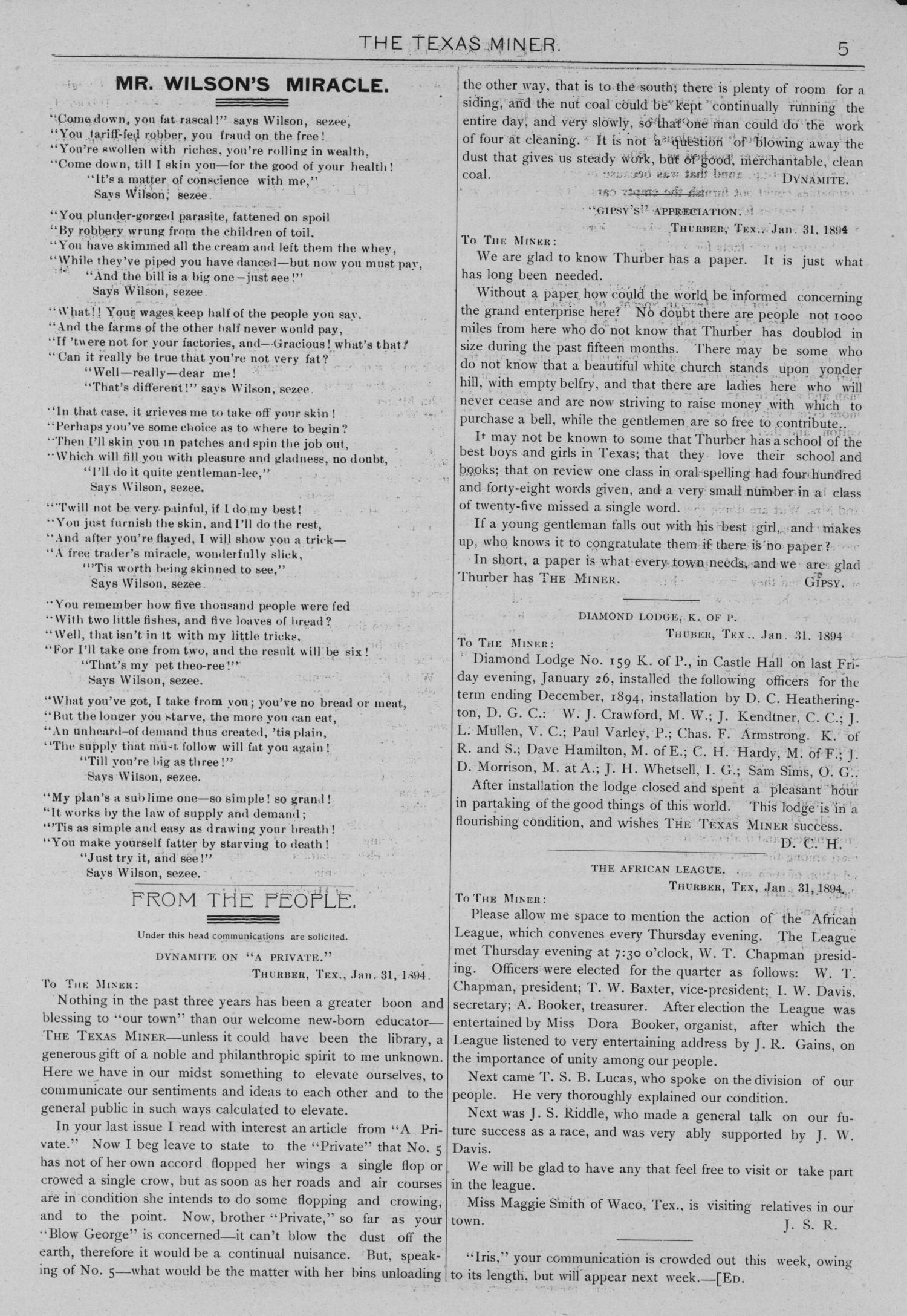 The Texas Miner, Volume 1, Number 3, February 3, 1894
                                                
                                                    5
                                                