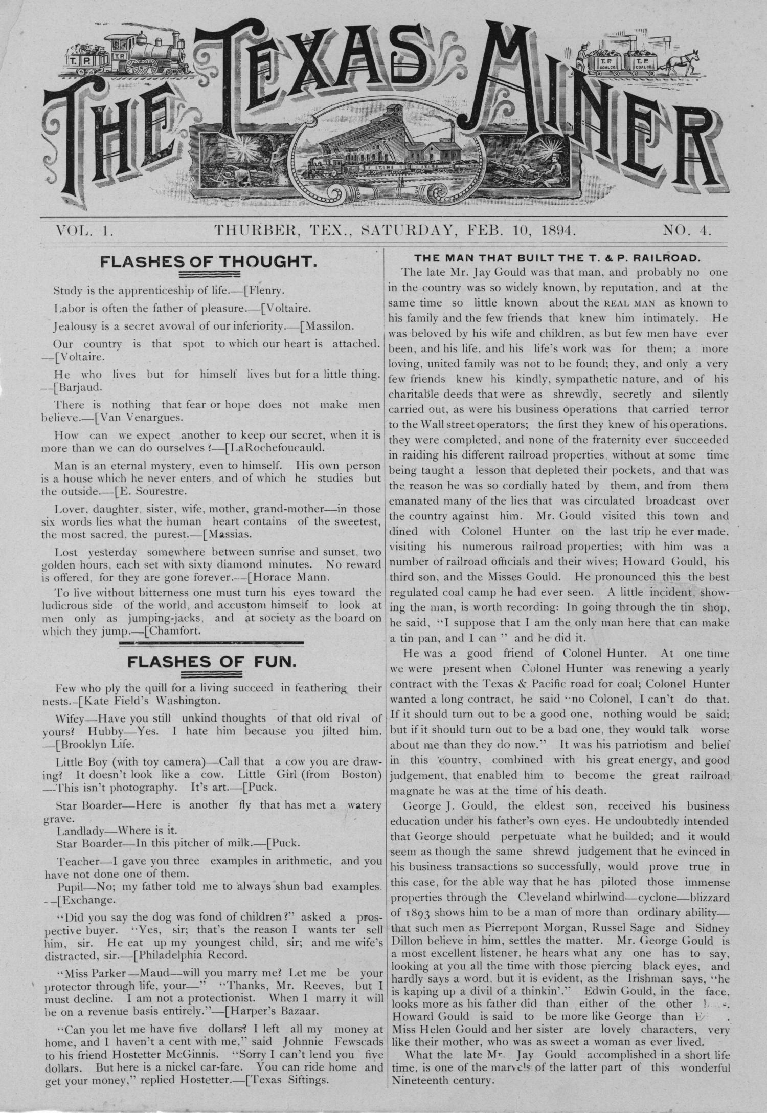 The Texas Miner, Volume 1, Number 4, February 10, 1894
                                                
                                                    1
                                                