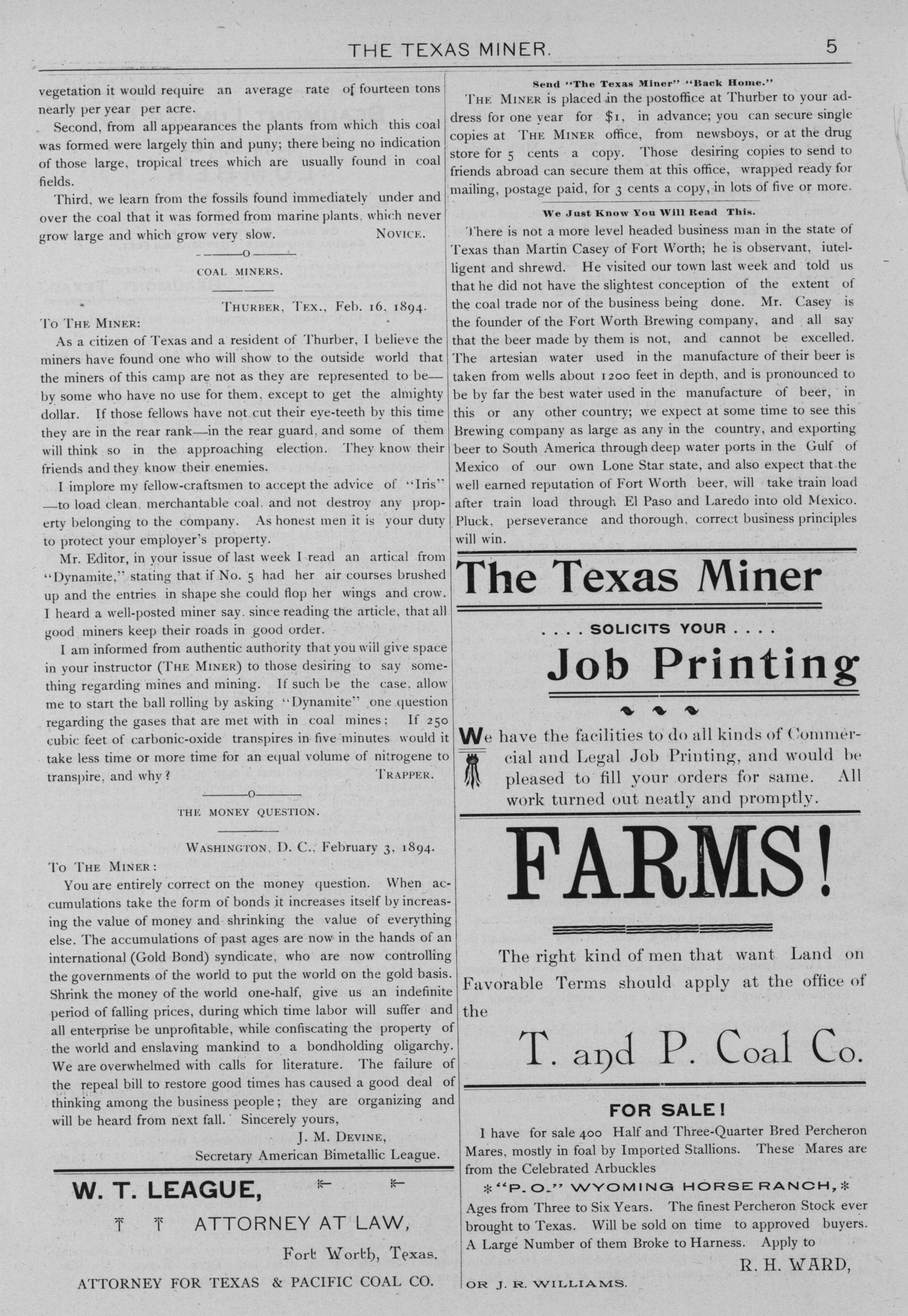 The Texas Miner, Volume 1, Number 5, February 17, 1894
                                                
                                                    5
                                                