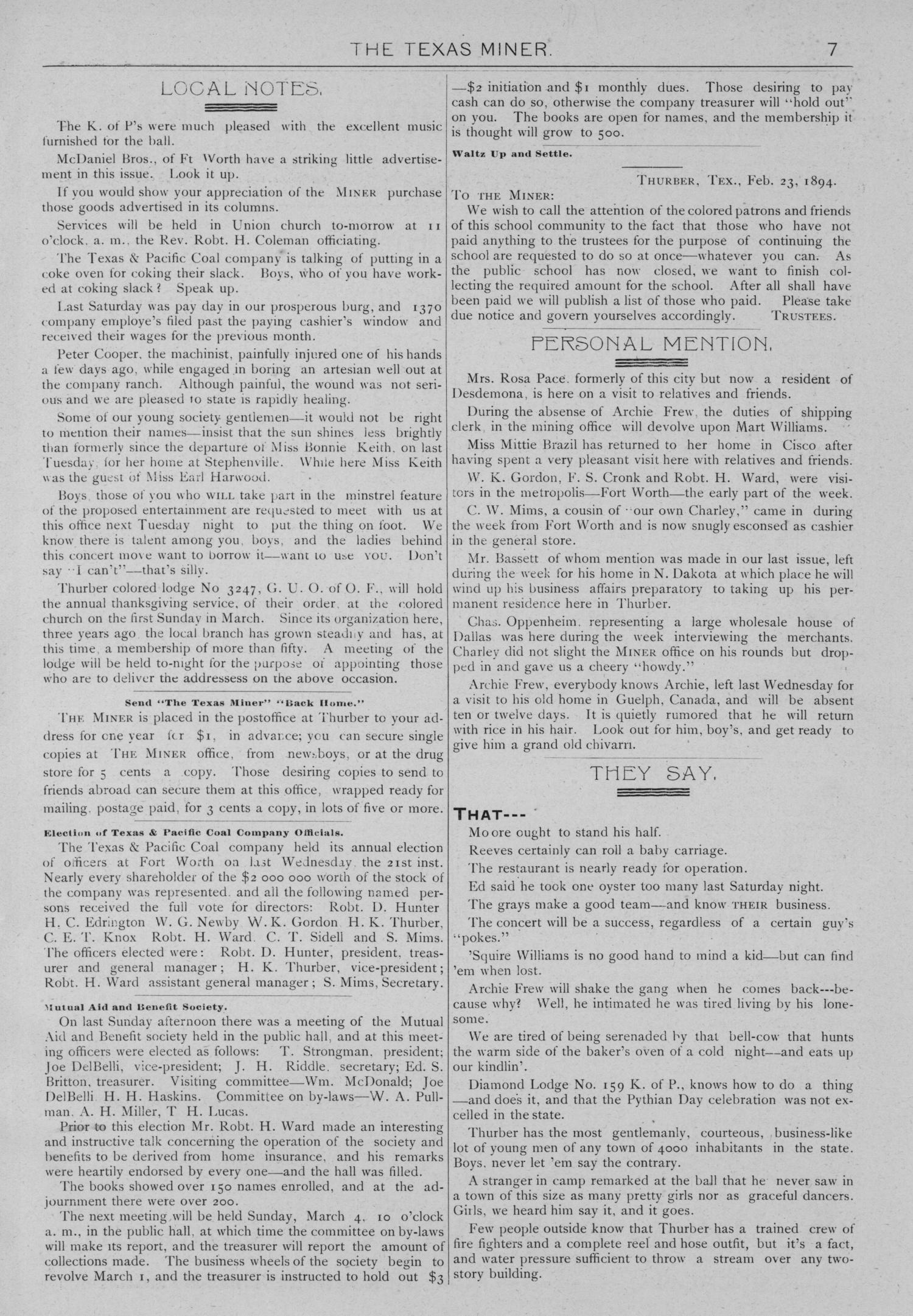 The Texas Miner, Volume 1, Number 6, February 24, 1894
                                                
                                                    7
                                                